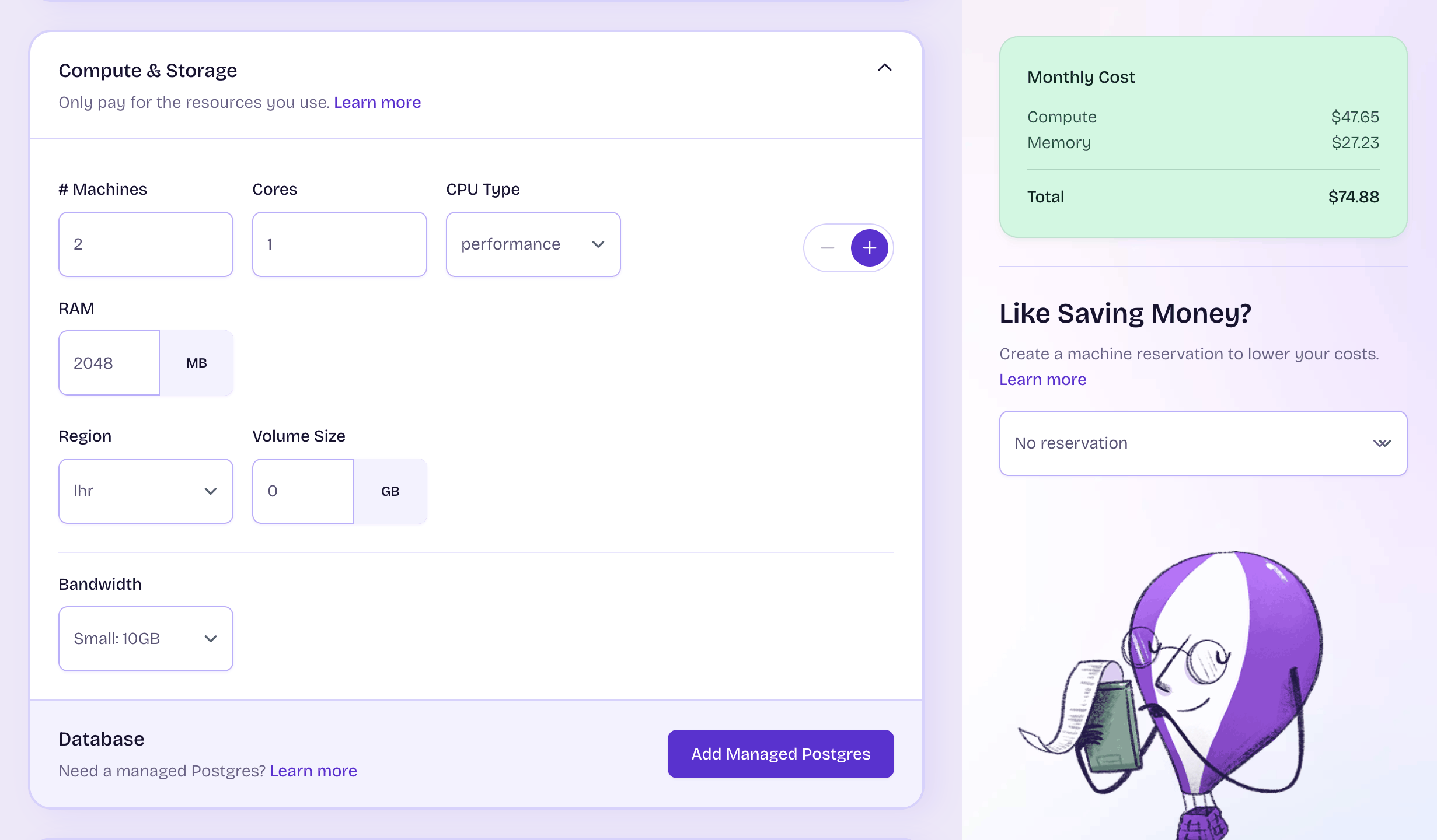 Fly.io pricing calculator for the frontend machines.