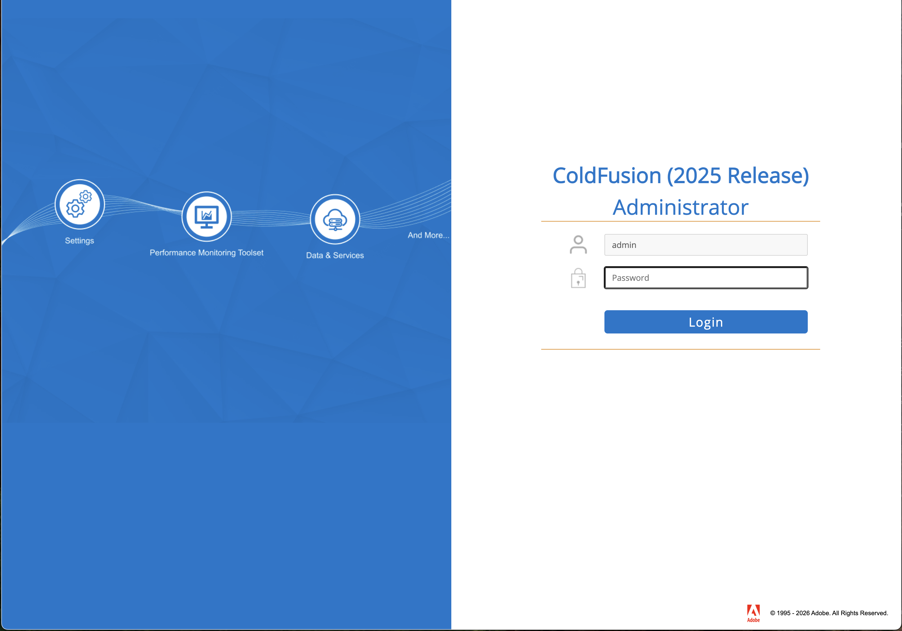 The Adobe ColdFusion Administrator login screen displayed in a full browser window with no course sidebar — a centered login form with a password field and a "Login" button on a dark background