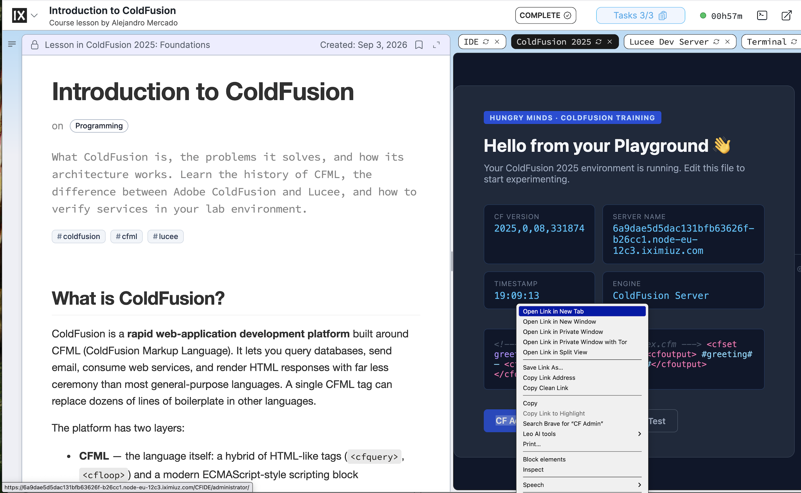 Screenshot showing the right-click context menu on the CF Admin button inside the ColdFusion lab tab — the menu is open with "Open Link in New Tab" highlighted, demonstrating how to open the CF Admin console in a full browser window