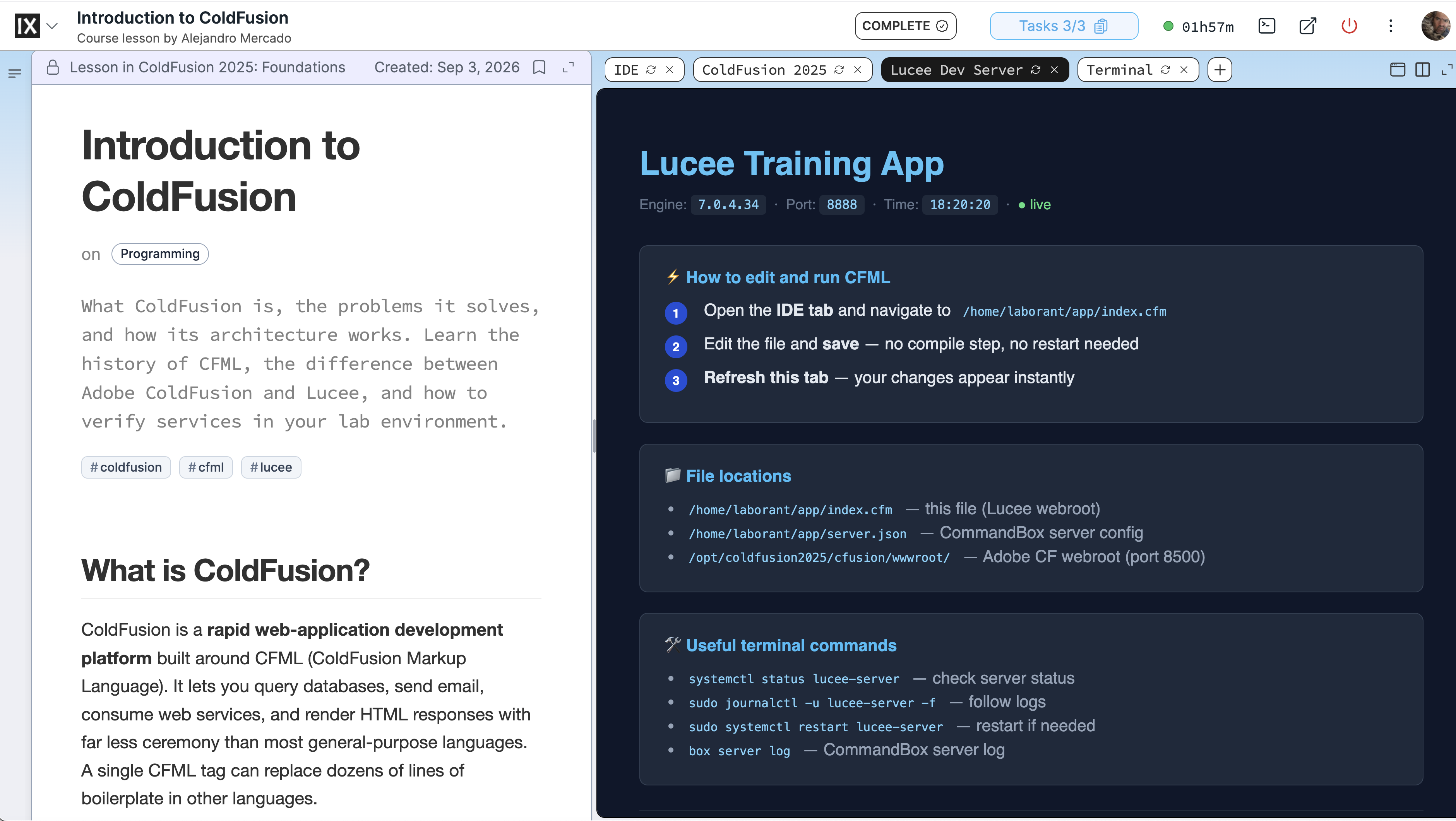 Screenshot of the iximiuz Labs platform showing the ColdFusion 2025 course lab — the top navigation shows course breadcrumbs, the main area is split into a left panel with the lesson content and task checklist, and a right panel showing the live lab environment with a Terminal tab open running ColdFusion on port 8500 and a ColdFusion tab showing the CF Admin login page