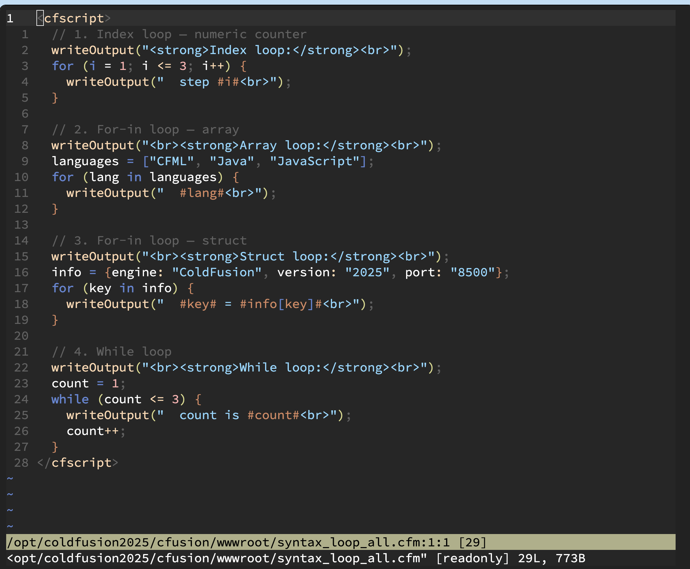 The vi text editor open in the lab Terminal showing the contents of syntax_loop_all.cfm — the CFML script block is visible with all four loop constructs, the status line at the bottom shows the filename and line count, and the cursor is positioned inside the file ready to edit