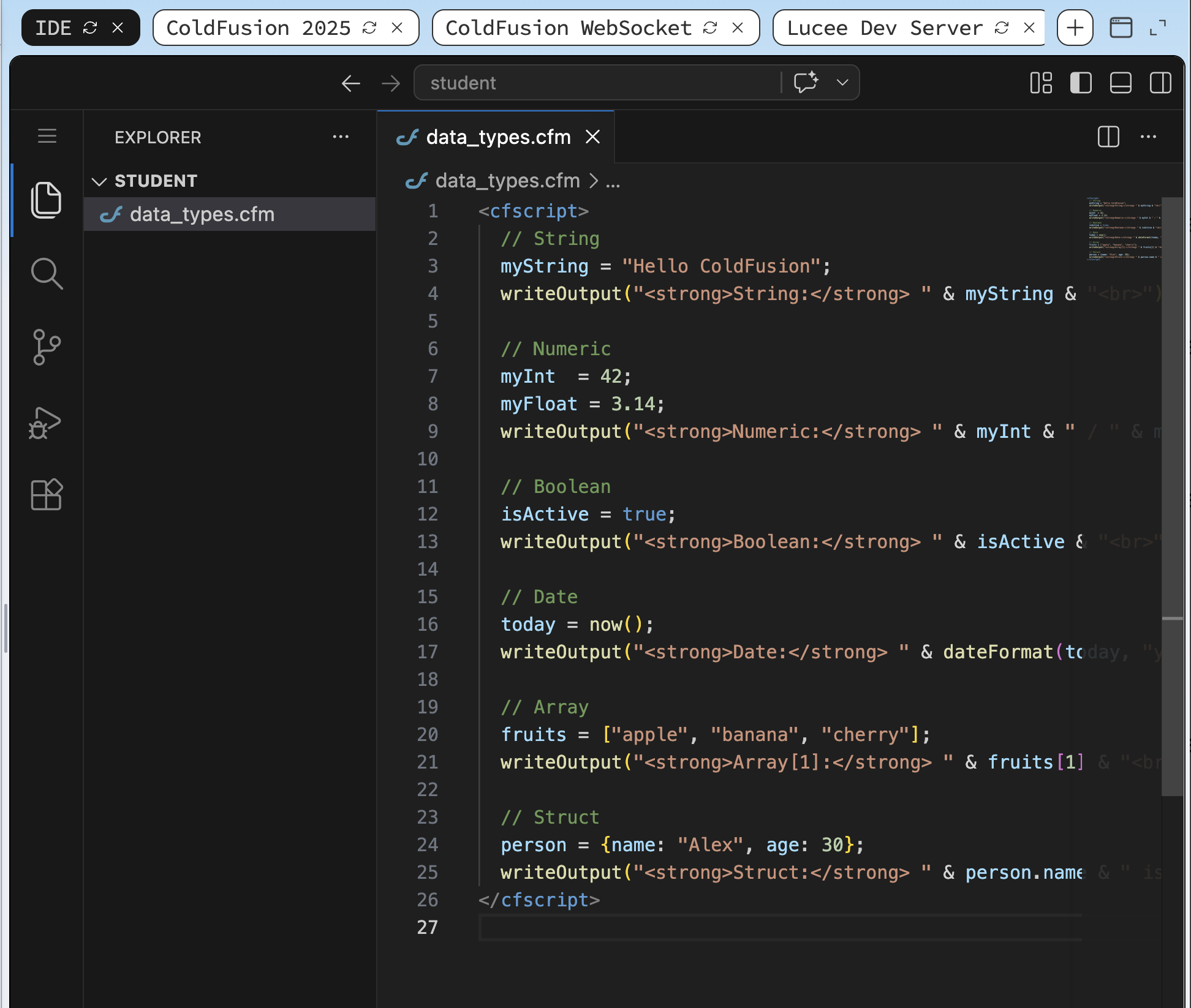 VS Code editor in the IDE tab showing data_types.cfm open with the six cfscript blocks for String, Numeric, Boolean, Date, Array, and Struct — no unsaved-changes dot on the editor tab, confirming the file has been saved to disk