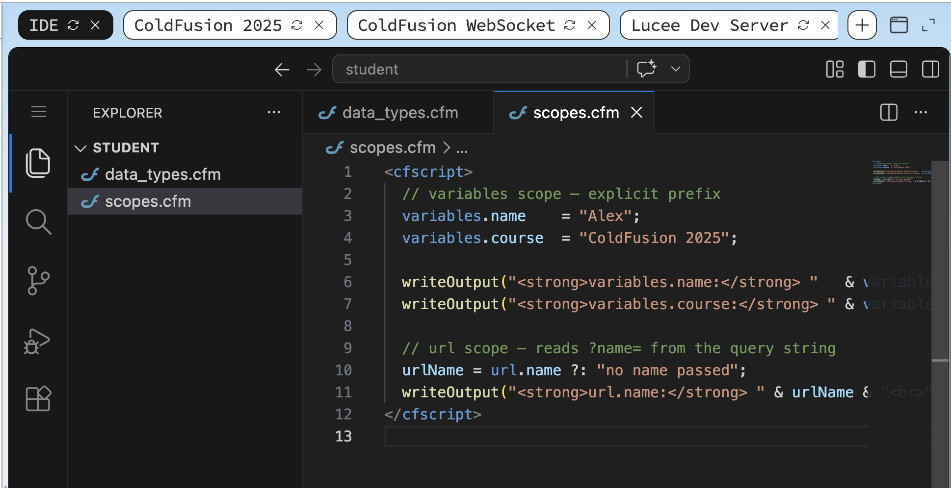 VS Code editor in the IDE tab showing scopes.cfm open with the cfscript block for variables and url scopes — no unsaved-changes dot on the editor tab, confirming the file has been saved to disk