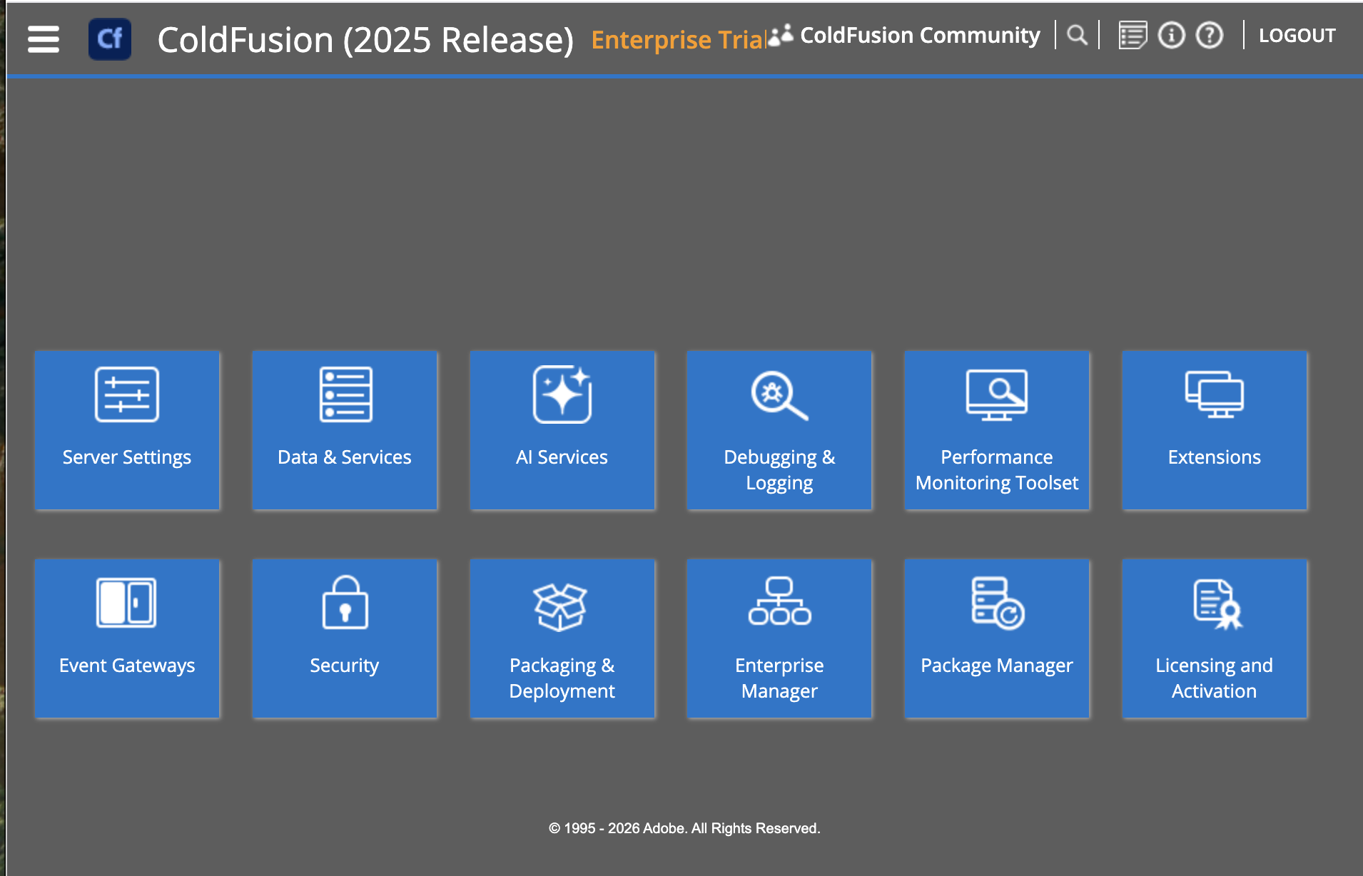 Browser window showing the ColdFusion Administrator login page at the lab root URL, confirming the CF engine is running and Application.cfc is active — the dark login form is centered on the page with a password field and Login button