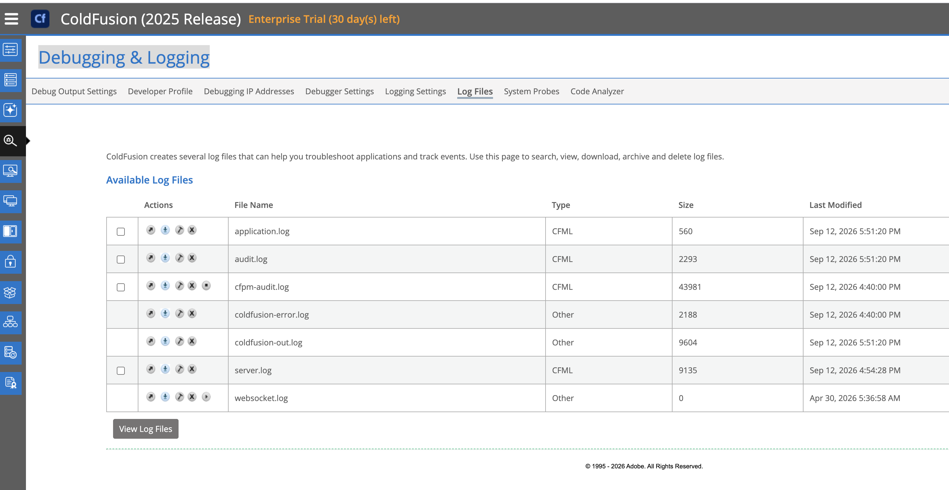 ColdFusion Administrator showing the Debugging & Logging section with Log Files selected — a table lists available log files including application.log, with columns for file name, size, and last modified date, and action buttons to view or download each file