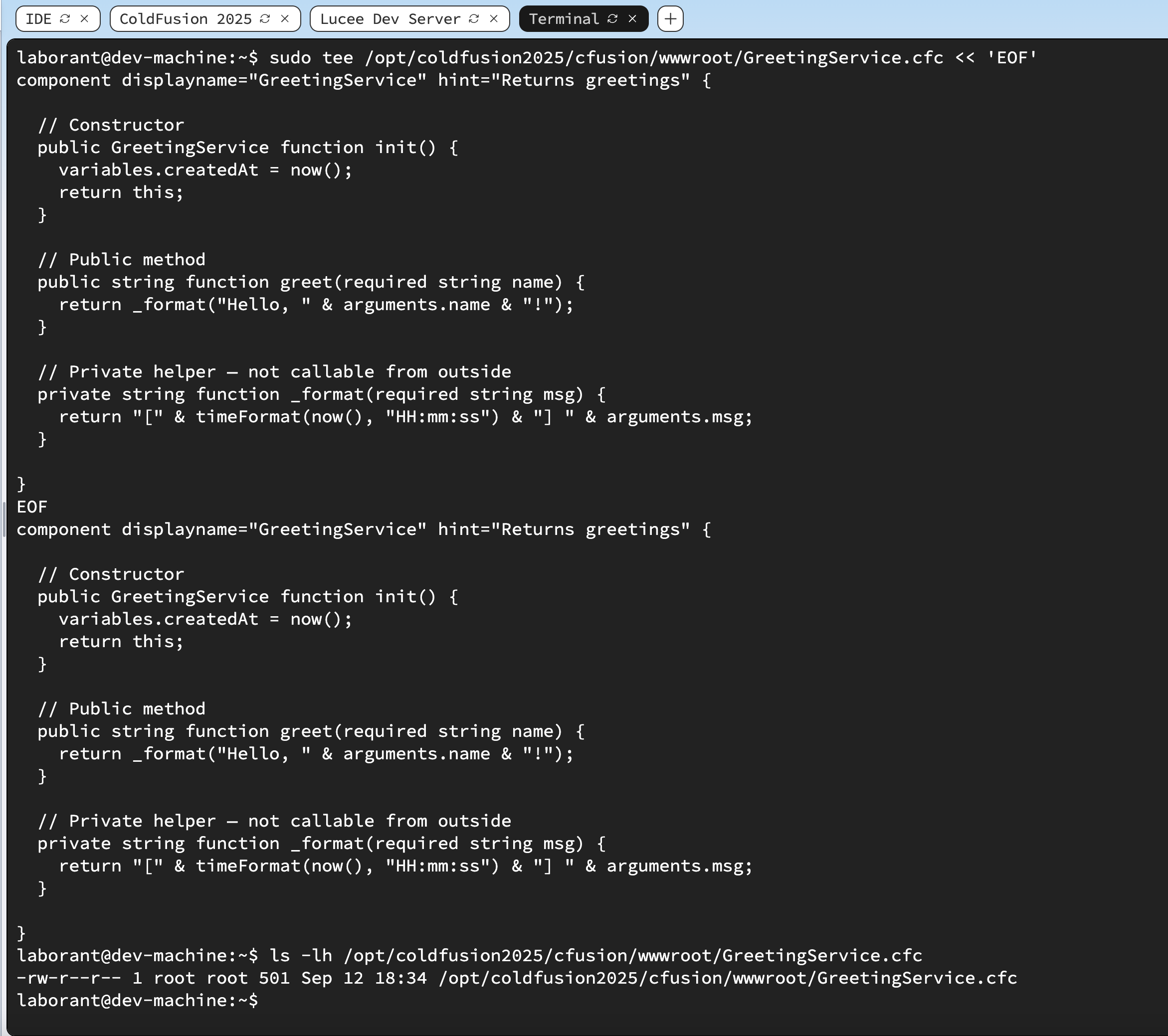 Terminal window showing the sudo tee command writing GreetingService.cfc followed by the ls -lh output confirming the file exists in the wwwroot directory with its size and timestamp