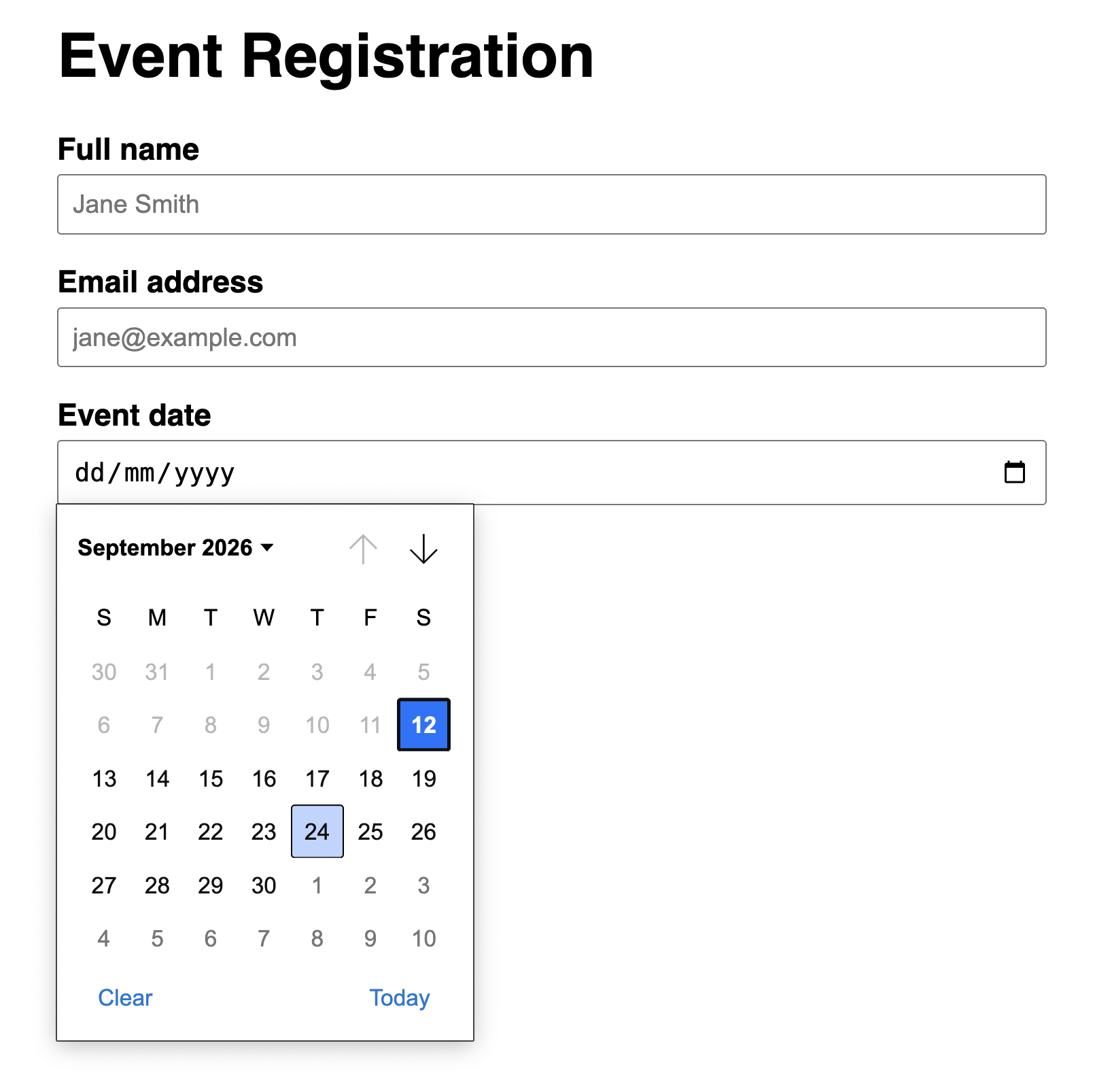 Browser showing the Event Registration form with three fields — Full name, Email address, and Event date with a calendar date picker open — and below it a blue confirmation box after a valid submission showing the name, email, and formatted date echoed back by ColdFusion