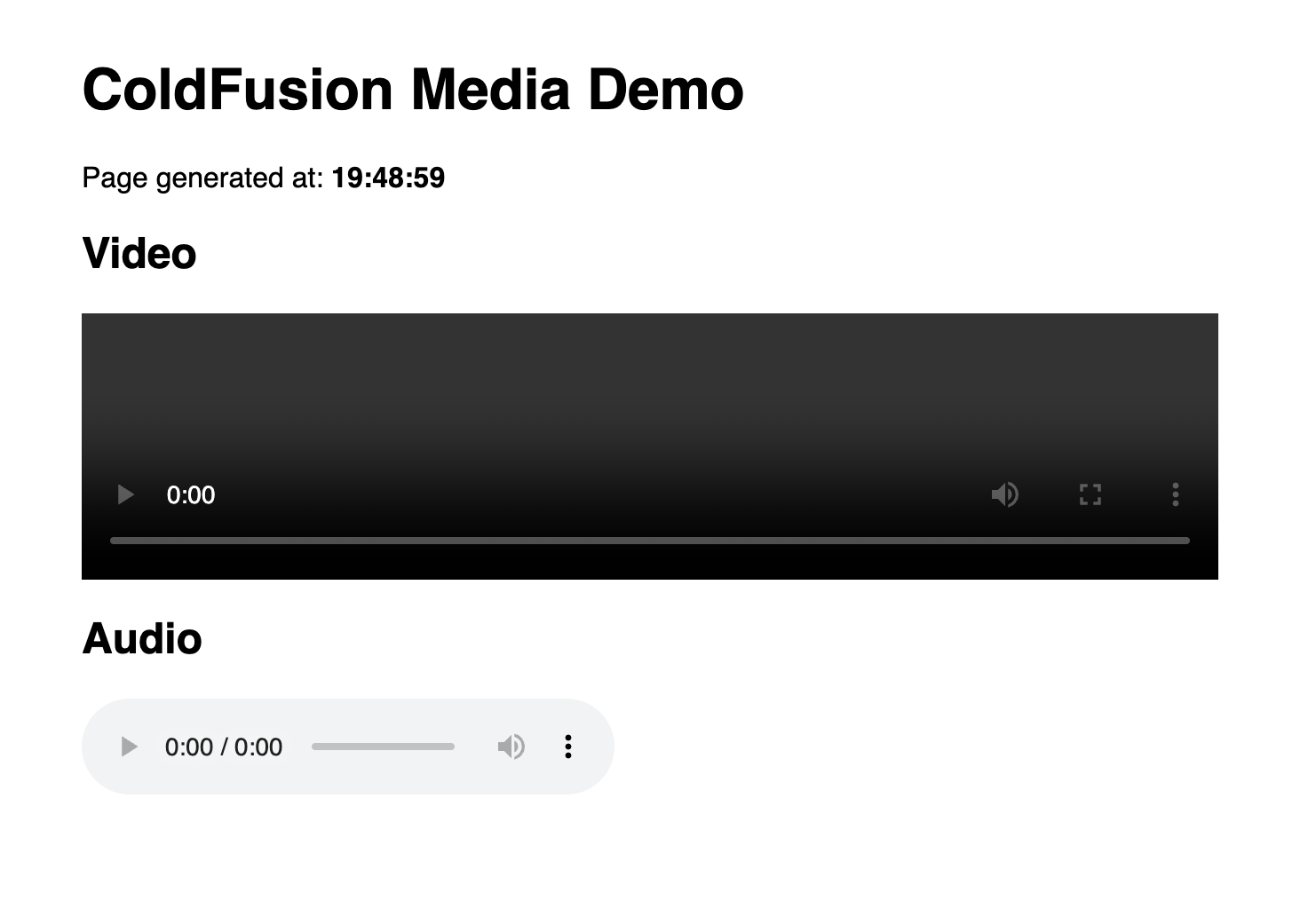 Browser showing media_demo.cfm with the H1 heading "ColdFusion Media Demo", the server timestamp rendered by CFML, and two HTML5 media players — a video player and an audio player — each with native browser controls