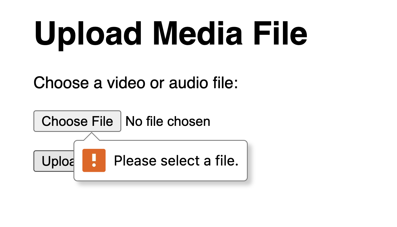 Browser showing upload_media.cfm with the heading "Upload Media File", a file input field labelled "Choose a video or audio file", and an Upload button — and below it a blue confirmation box showing the uploaded filename, file size in bytes, and MIME type echoed back by ColdFusion