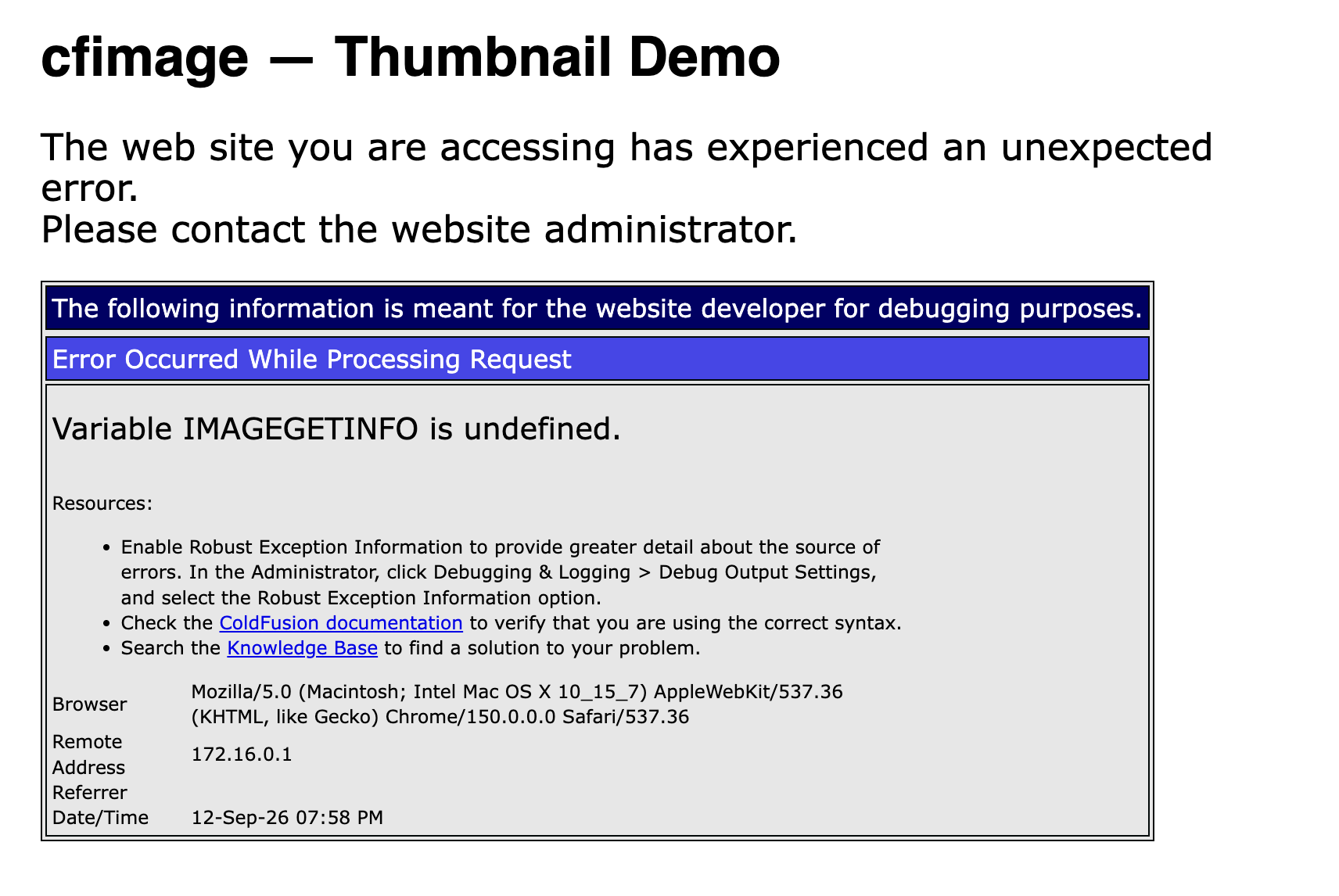 ColdFusion error page showing "Variable IMAGEGETINFO is undefined" with the standard CF error layout