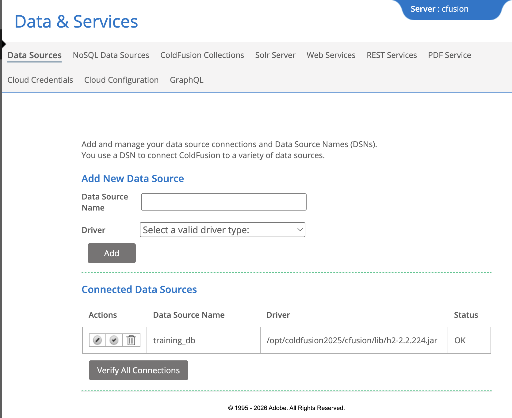 ColdFusion Administrator Data Sources page showing the training_db row with a green checkmark and OK status after clicking Verify