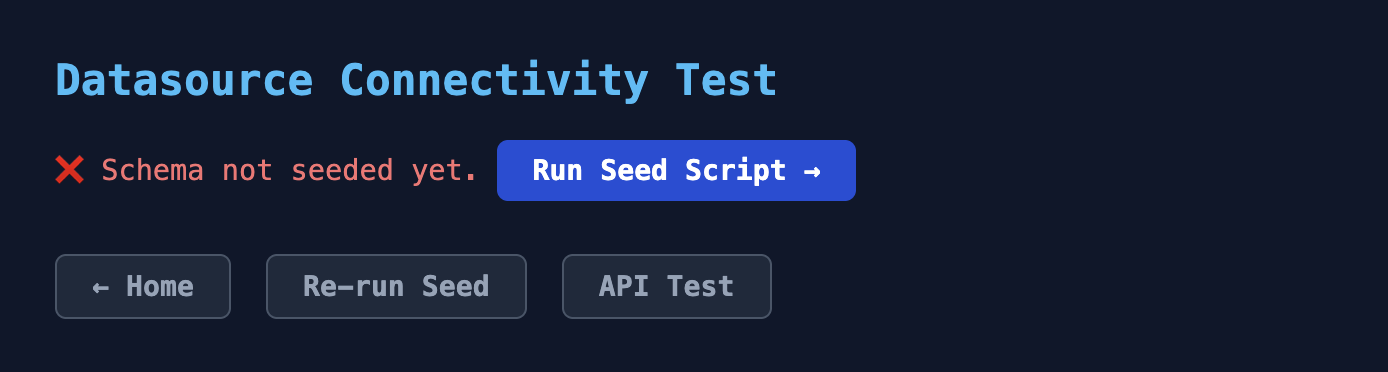 The DB Test page in the lab showing the Run Seed Script button