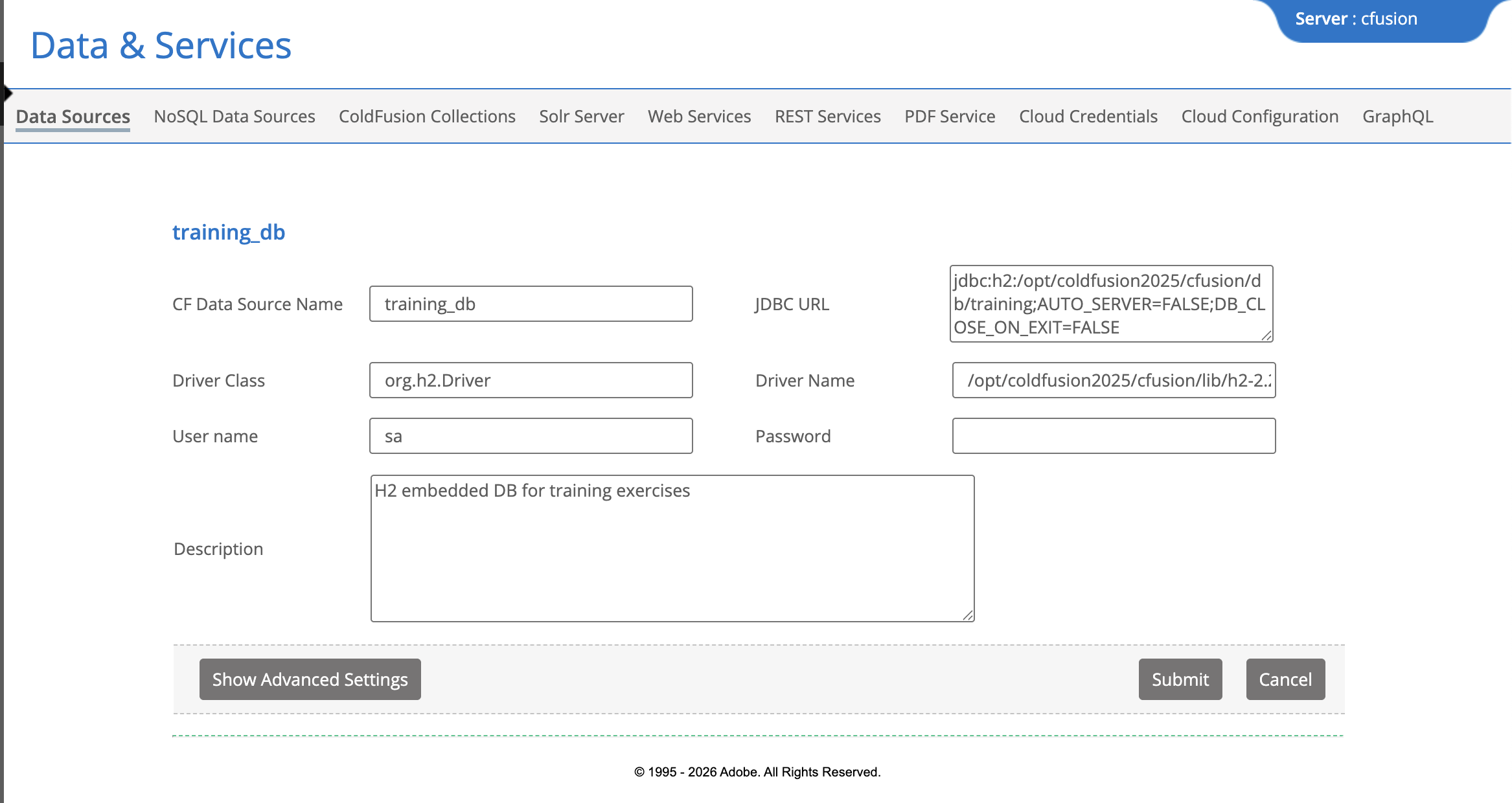 ColdFusion Administrator Data Sources page showing the training_db row with a green checkmark in the Status column and an OK label confirming the JDBC connection pool is healthy