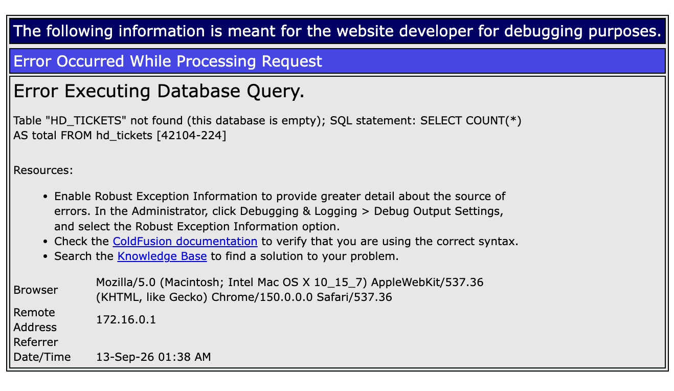 ColdFusion error page showing "Error Executing Database Query — Table HD_TICKETS not found (this database is empty)" with the SQL statement and H2 error code 42104