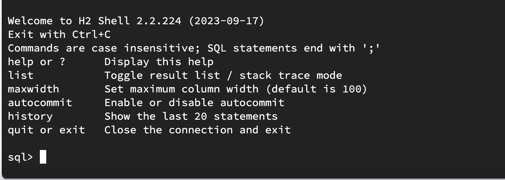 Terminal window showing the H2 Shell prompt with the Welcome to H2 Shell banner and a SELECT query returning rows from hd_tickets