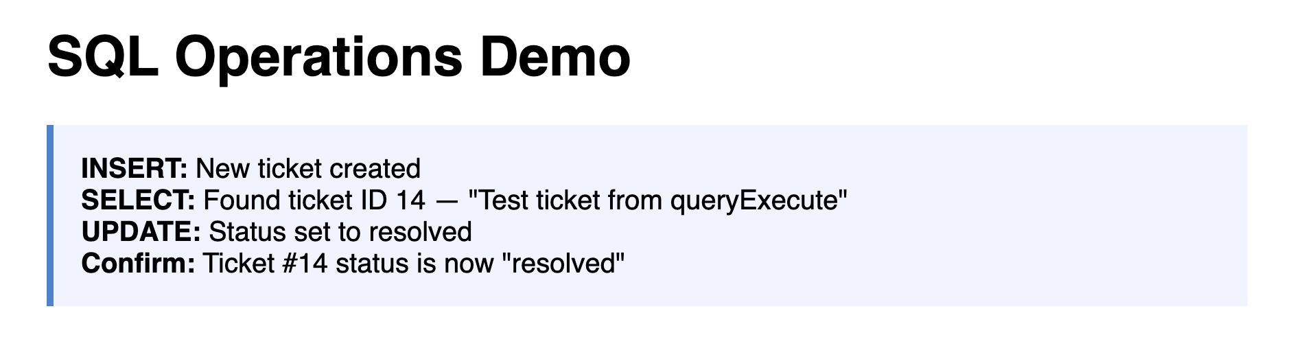Browser showing ticket_actions.cfm with a blue result box confirming INSERT, SELECT, UPDATE and the final status of the test ticket as resolved