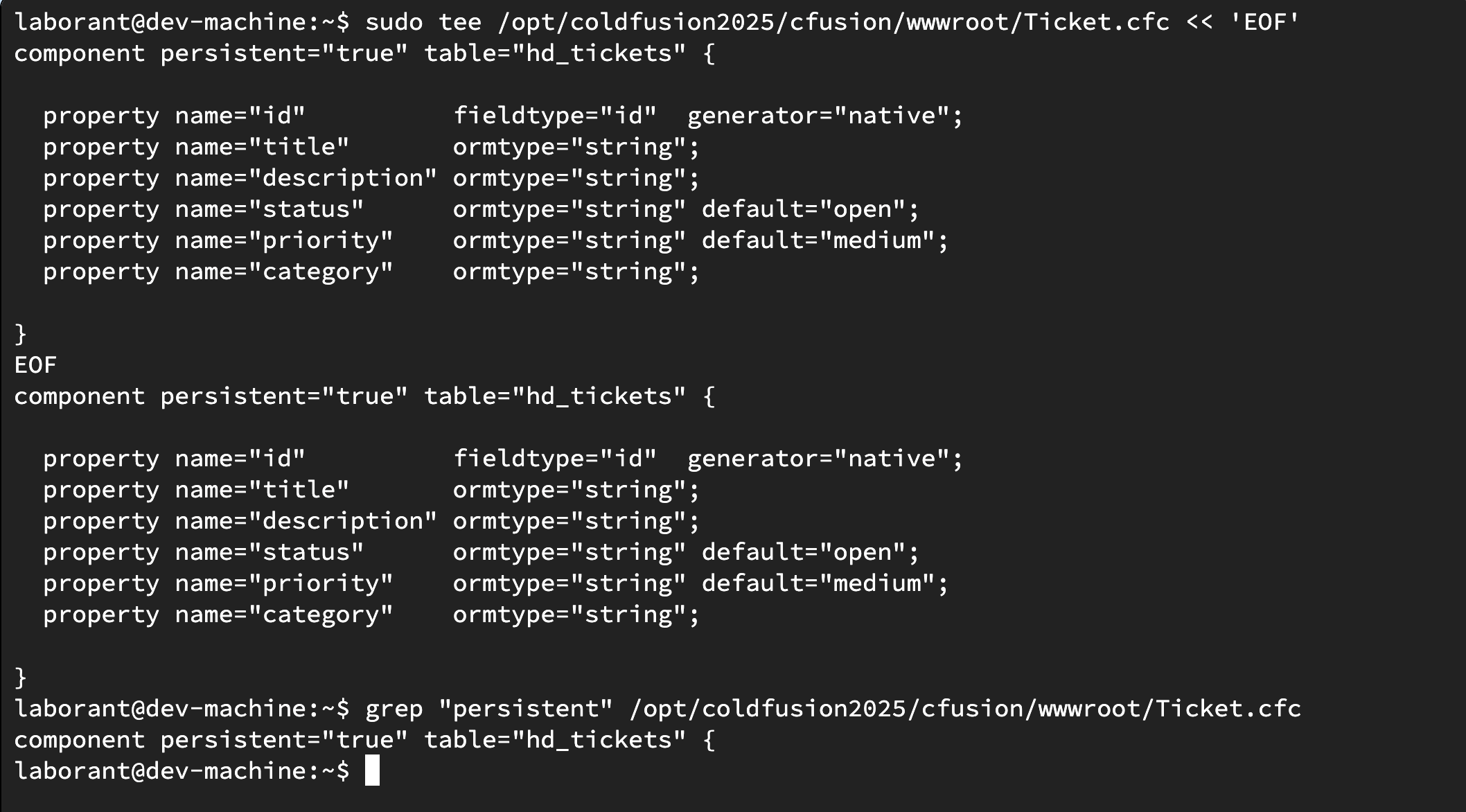 Terminal showing the sudo tee command writing Ticket.cfc with persistent="true" and property declarations, followed by grep confirming persistent="true" is in the file