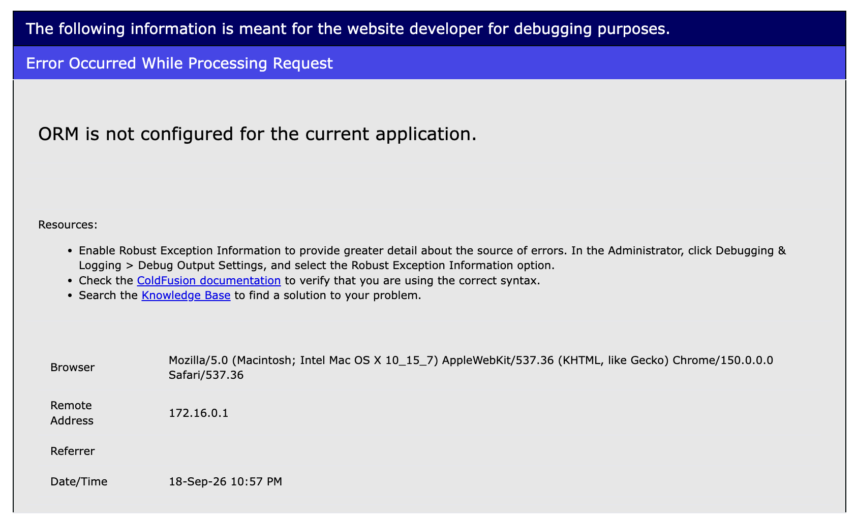ColdFusion error page showing "ORM is not configured for the current application" with browser details and timestamp