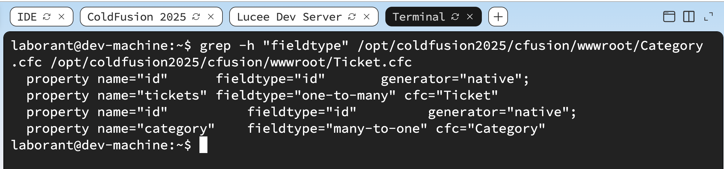 Terminal showing Category.cfc and Ticket.cfc being written with tee, followed by grep confirming fieldtype="one-to-many" in Category.cfc and fieldtype="many-to-one" in Ticket.cfc