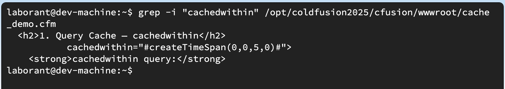 Terminal showing the sudo tee command writing cache_demo.cfm, followed by grep confirming the cachedwithin line is present in the file
