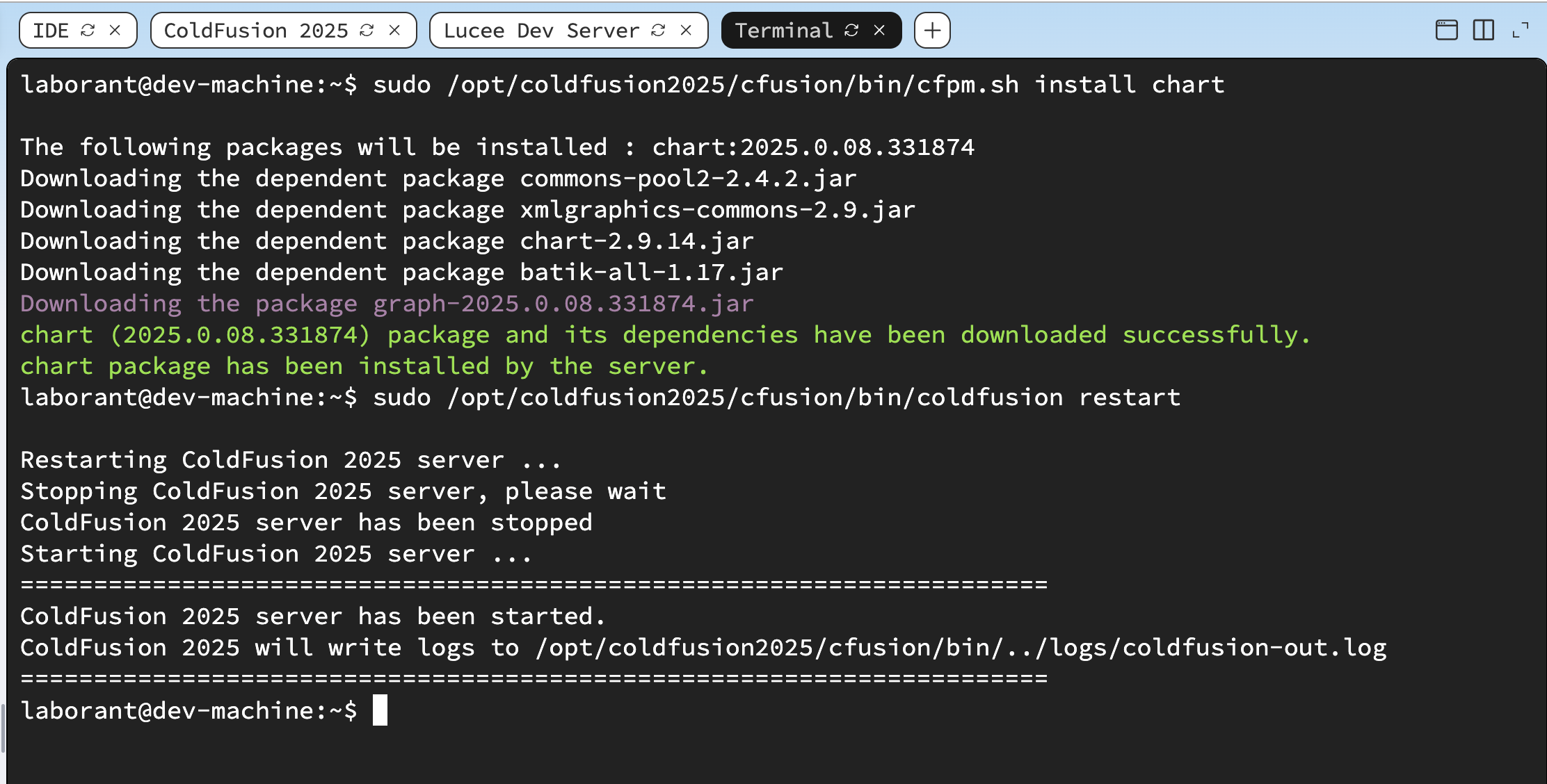 Terminal showing the cfpm.sh install chart command running and completing successfully, followed by the coldfusion restart command — confirming the chart package is installed and ColdFusion has restarted