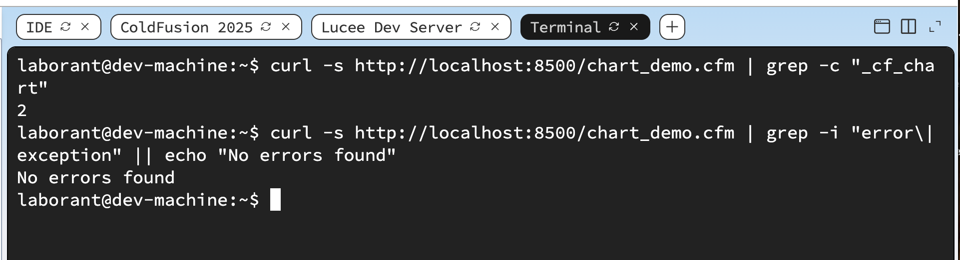 Terminal showing the curl pipe grep -c "_cf_chart" command returning 2 — confirming two cfchart img tags are present in the response, one for the bar chart and one for the pie chart