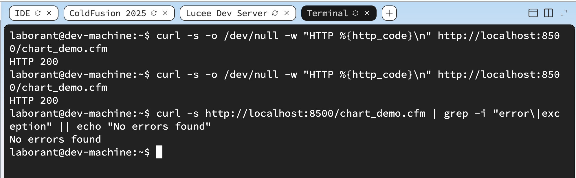 Terminal showing the curl command returning HTTP 200 followed by the error grep returning "No errors found" — confirming chart_demo.cfm is accessible and produces no ColdFusion exceptions