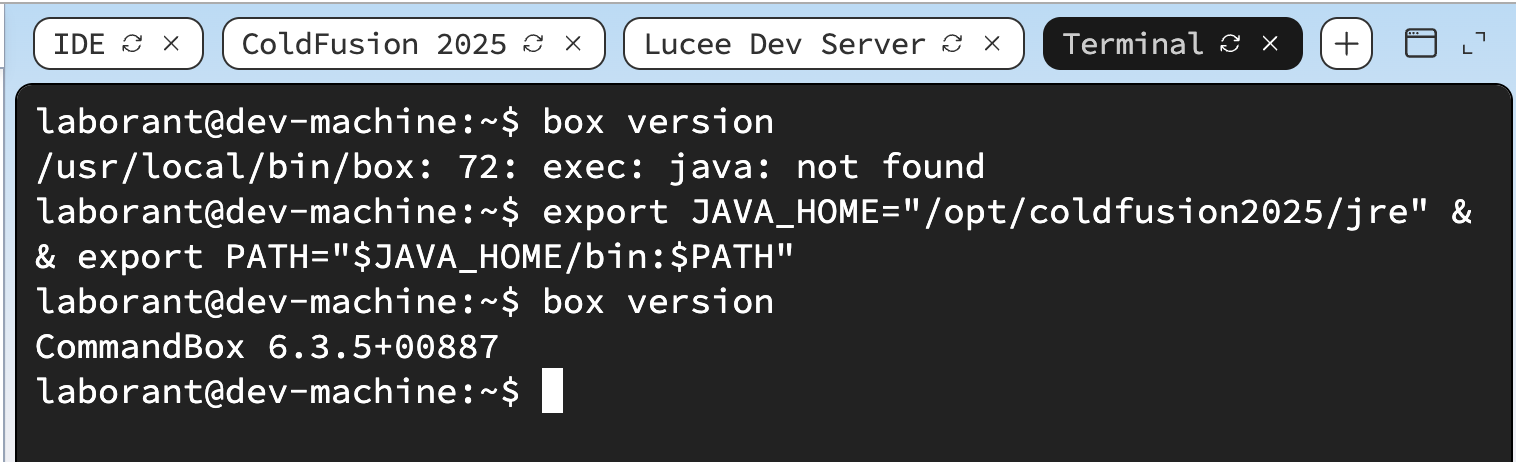 Terminal showing the box version command returning CommandBox CLI version 6.3.5