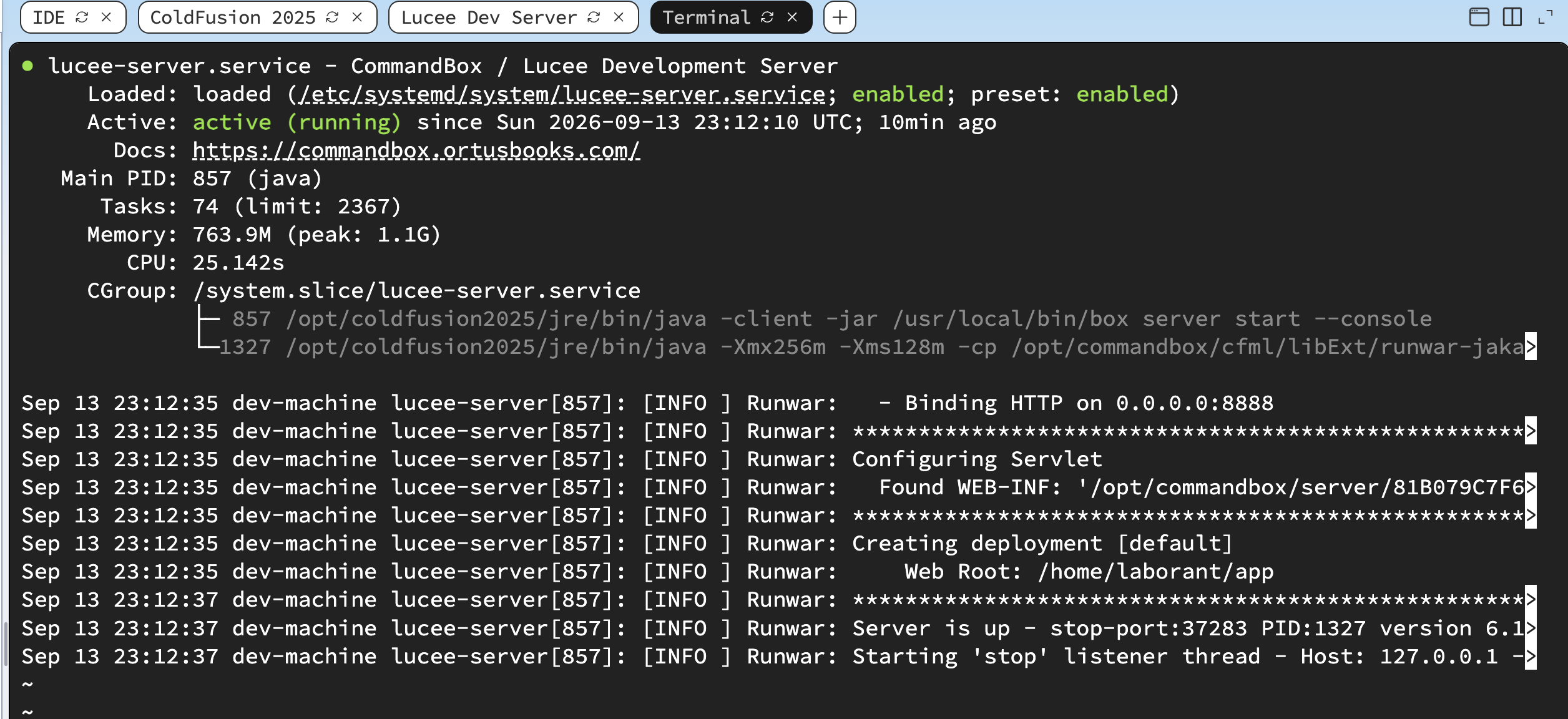 Terminal showing the curl command returning HTTP 200 for localhost port 8888 confirming the Lucee server is responding