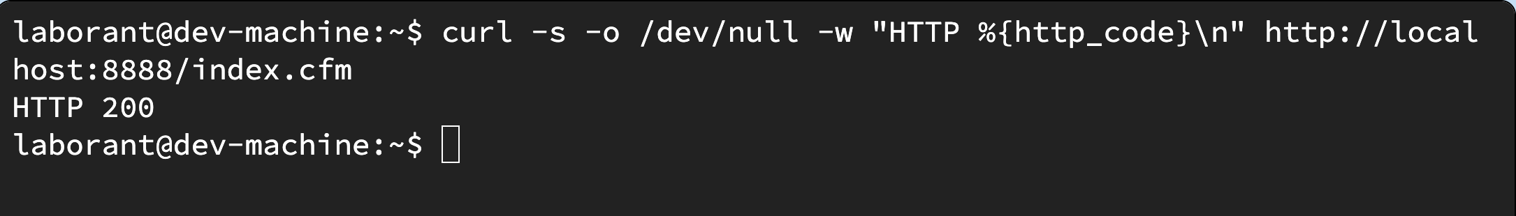 Terminal showing the curl command returning HTTP 200 for localhost port 8888 confirming Lucee is running and serving the application