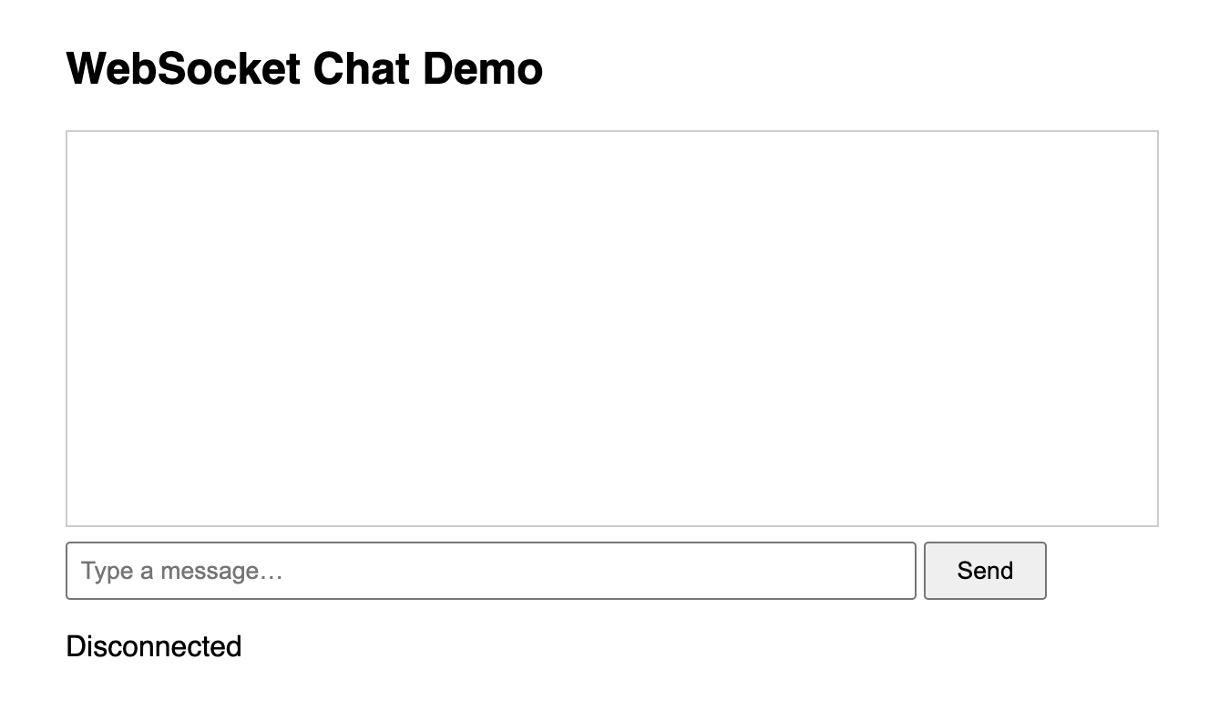 Browser screenshot of the WebSocket Chat Demo page — a white page with the heading WebSocket Chat Demo, below it a bordered chat log area, an input field labelled Type a message… next to a Send button, and a status line reading Connected in green