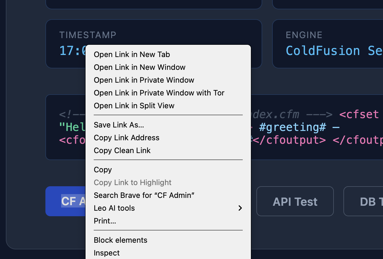 Browser showing the CF Admin link being right-clicked with the context menu option Open link in new window highlighted