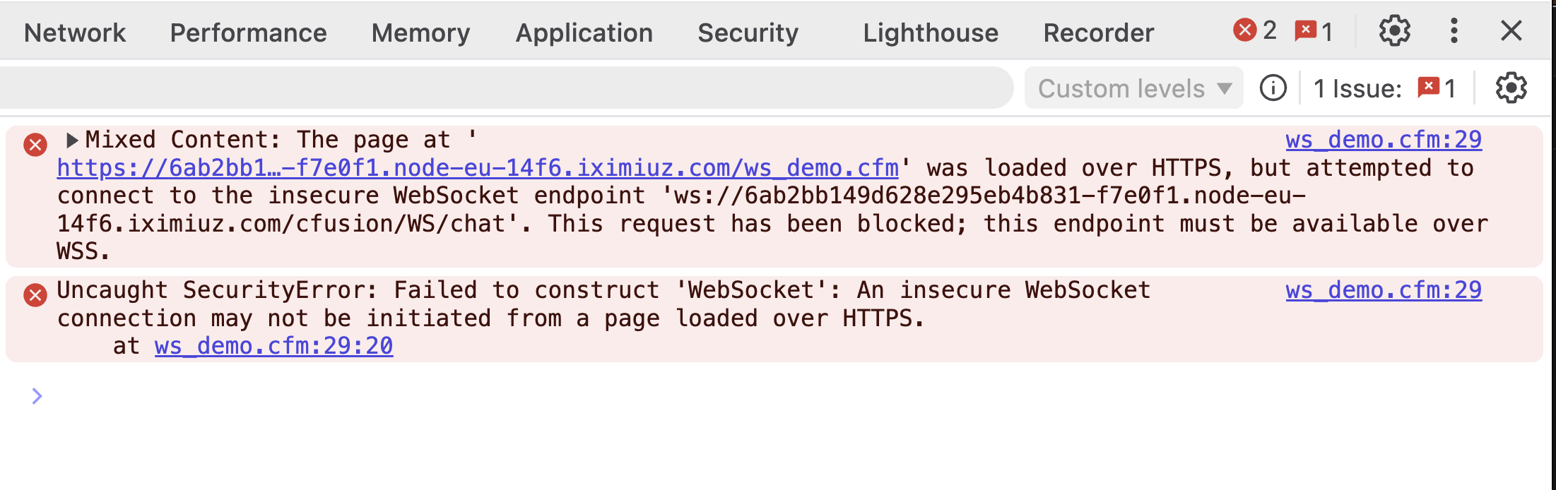 Browser DevTools console showing a Mixed Content error — the page was loaded over HTTPS but attempted to connect to an insecure ws:// WebSocket endpoint, which was blocked by the browser