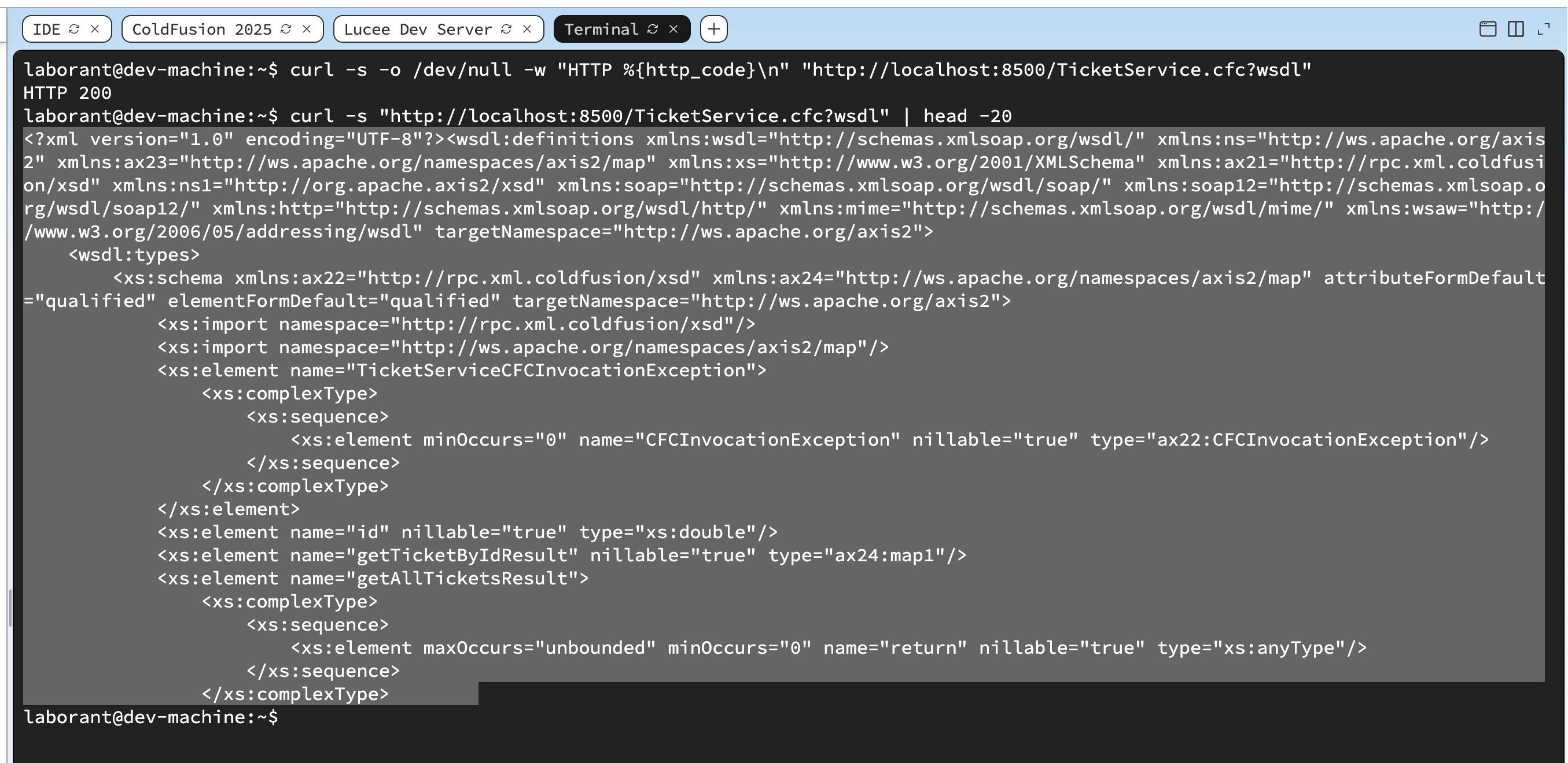 Terminal showing the curl command returning HTTP 200 for TicketService.cfc?wsdl, followed by the head command showing the first lines of the auto-generated WSDL XML document with wsdl:definitions element