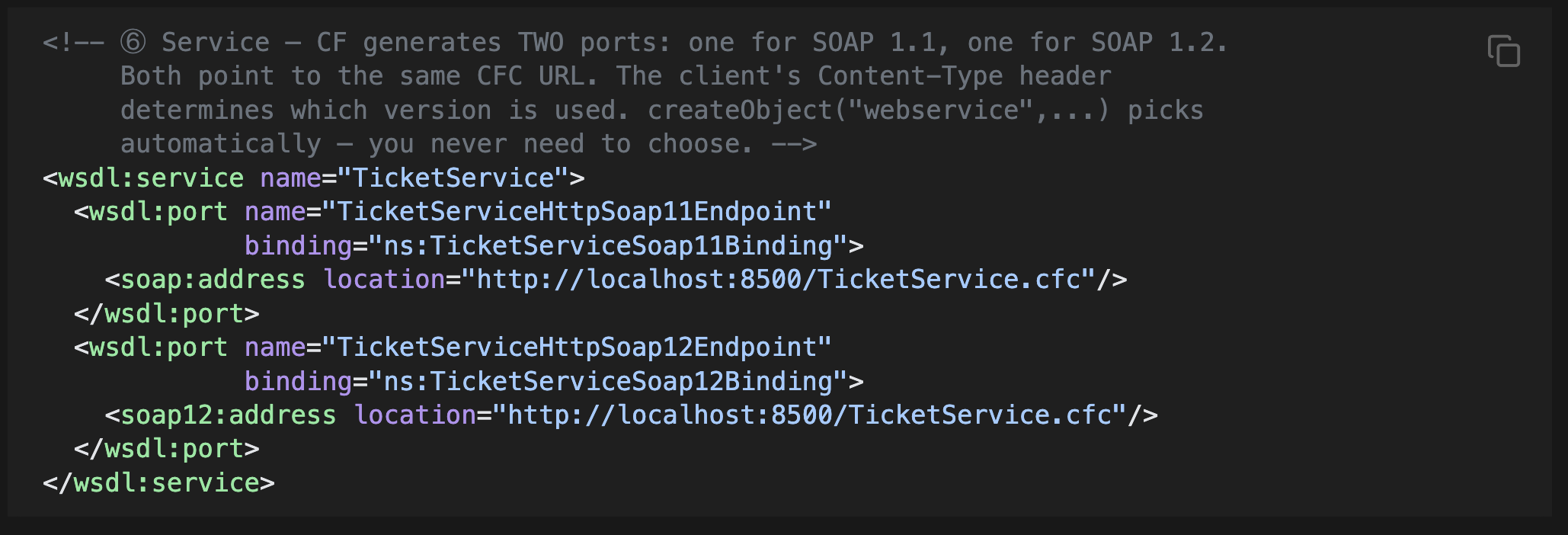 Diagram showing the single TicketService.cfc URL on the left splitting into two paths — SOAP 1.1 (Content-Type text/xml) connecting to TicketServiceHttpSoap11Endpoint, and SOAP 1.2 (Content-Type application/soap+xml) connecting to TicketServiceHttpSoap12Endpoint — both paths converge back to the same CFC on the right, with a label showing createObject picks automatically
