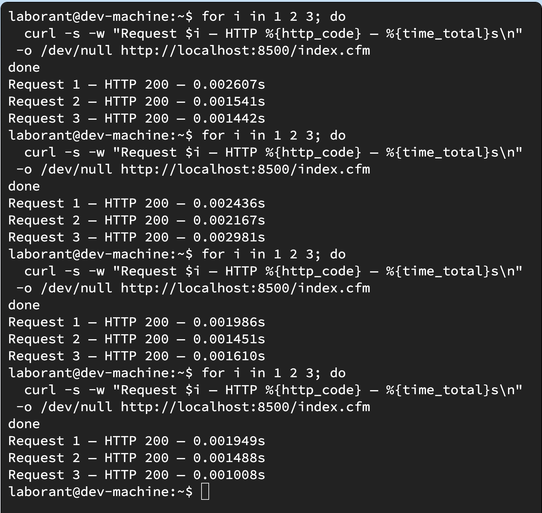 Terminal output of four curl requests to localhost:8500 — Request 1 shows 1.423518s in orange, Requests 2 through 4 show 0.087s, 0.082s, and 0.079s in green — illustrating the cold-to-warm cache drop