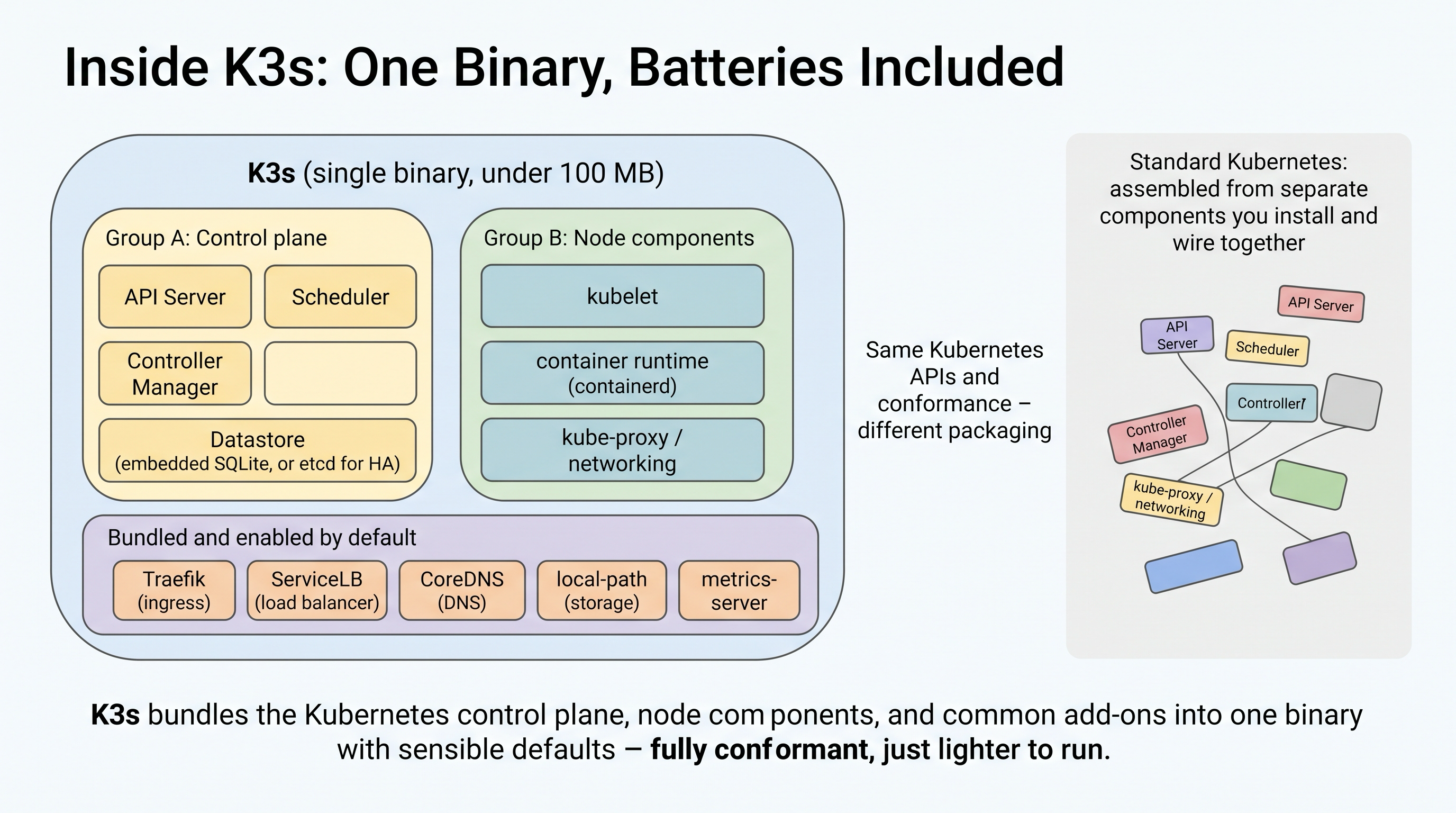 The internals of K3s packaged as a single binary - control plane (API server, scheduler, controller manager, embedded datastore), node components (kubelet, containerd, networking), and bundled add-ons (Traefik, ServiceLB, CoreDNS, local-path, metrics-server), contrasted with standard Kubernetes assembled from separate components