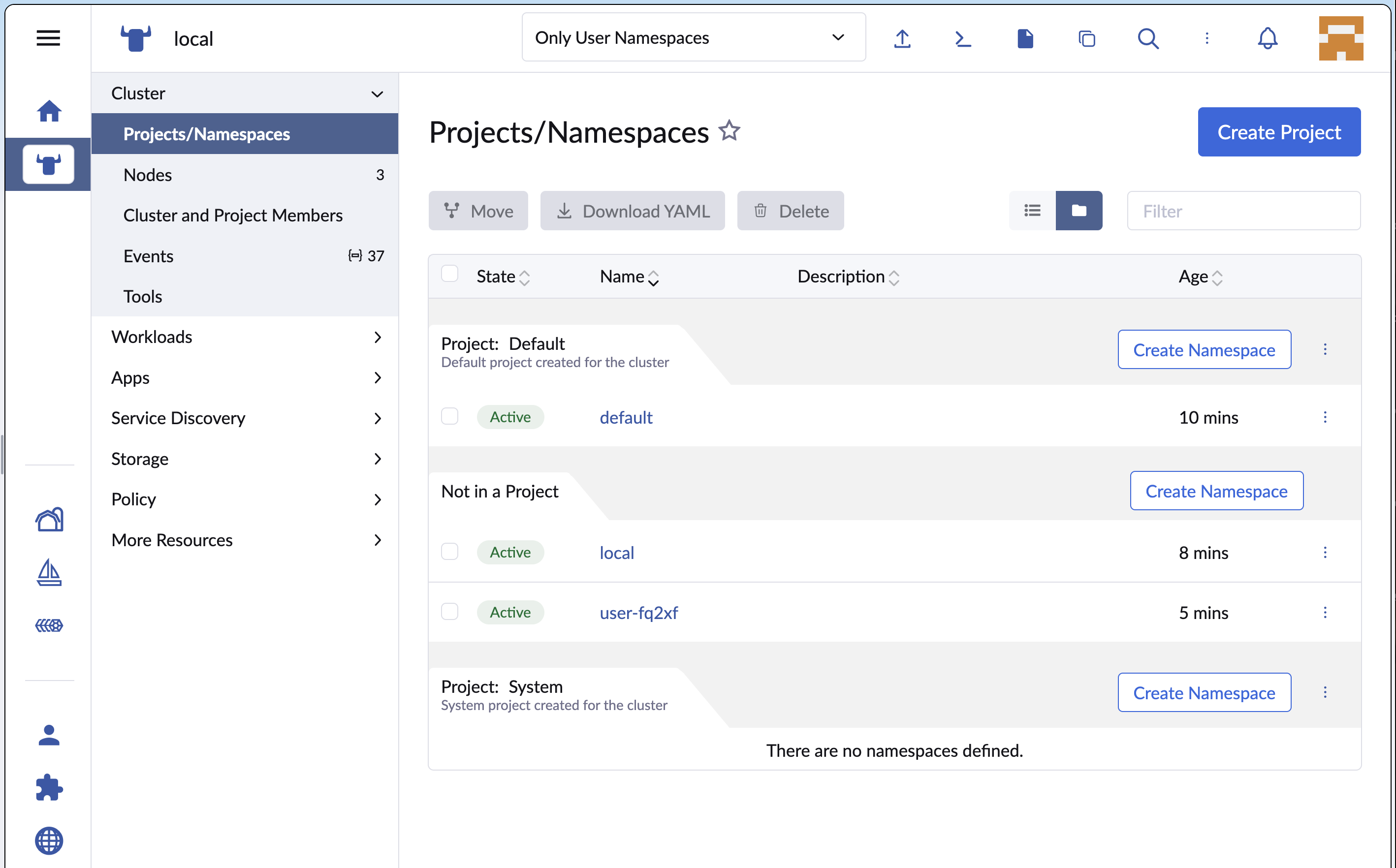 The Projects/Namespaces page showing a Create Namespace button per project group