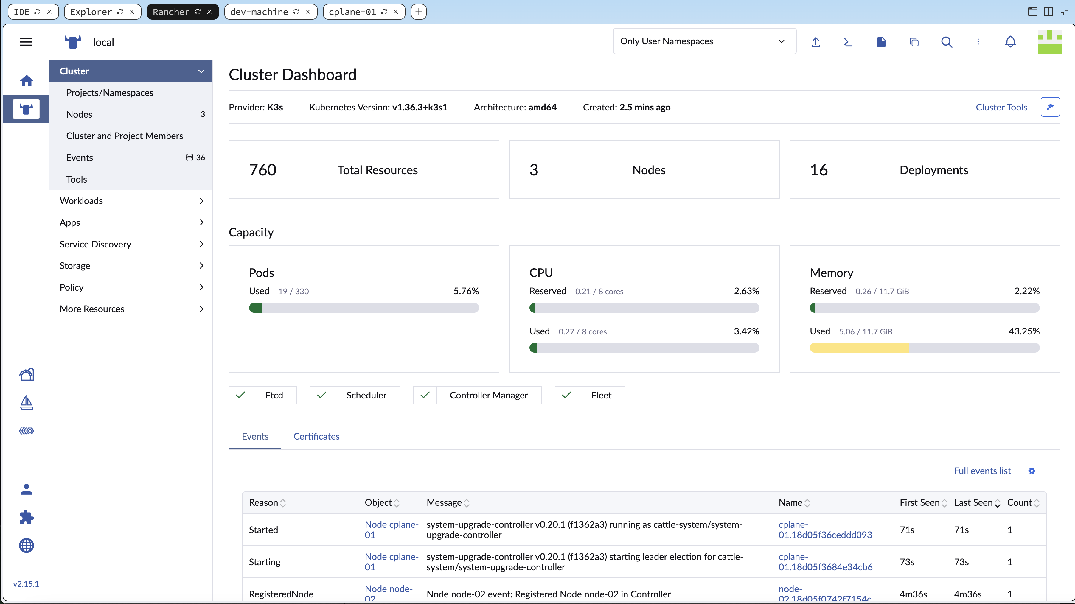 The Cluster Explorer sidebar inside the local cluster, showing the Cluster, Workload, Service Discovery, Storage, and Apps sections
