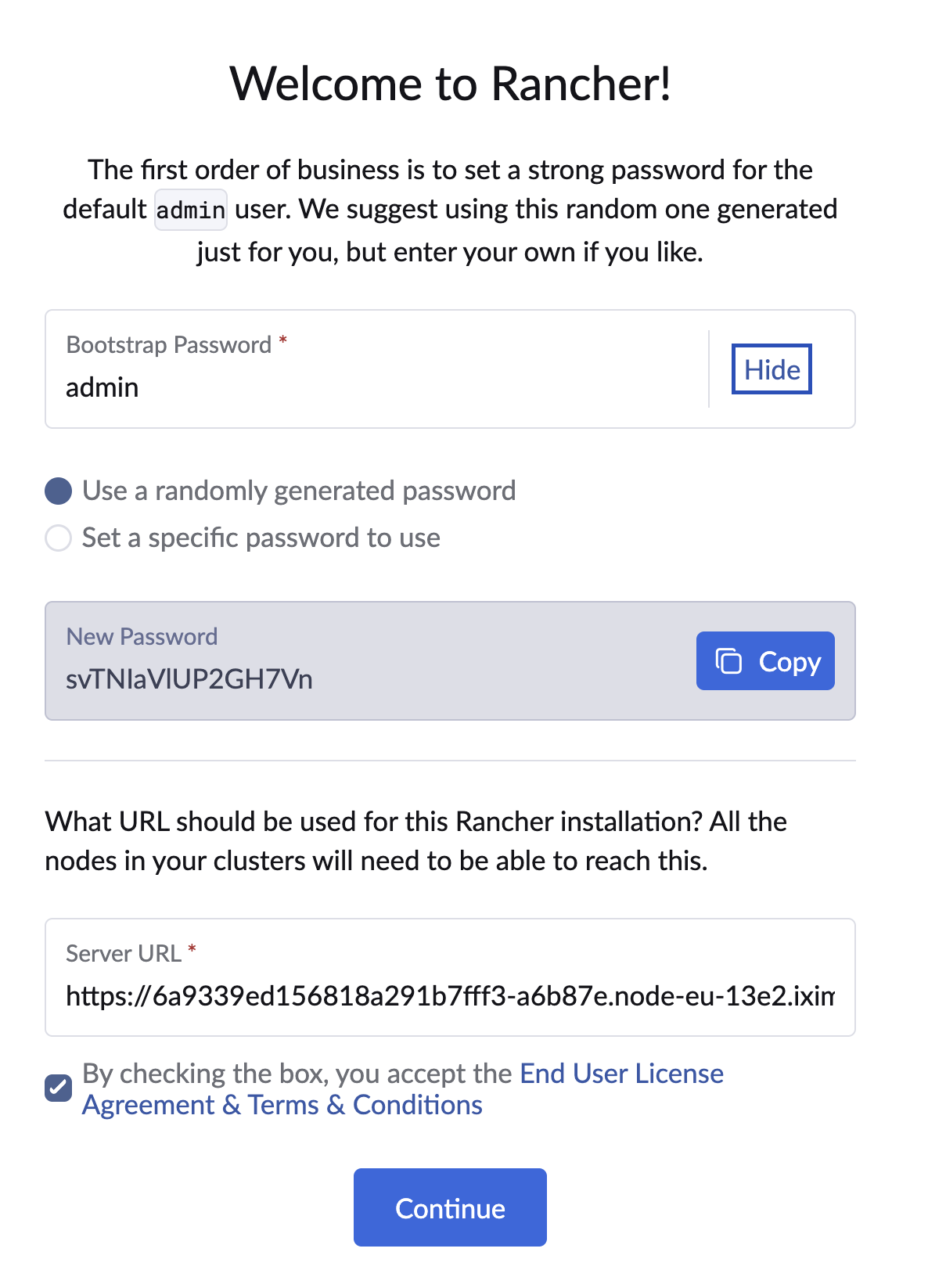 The Rancher first-login bootstrap screen prompting for the bootstrap password and a new admin password