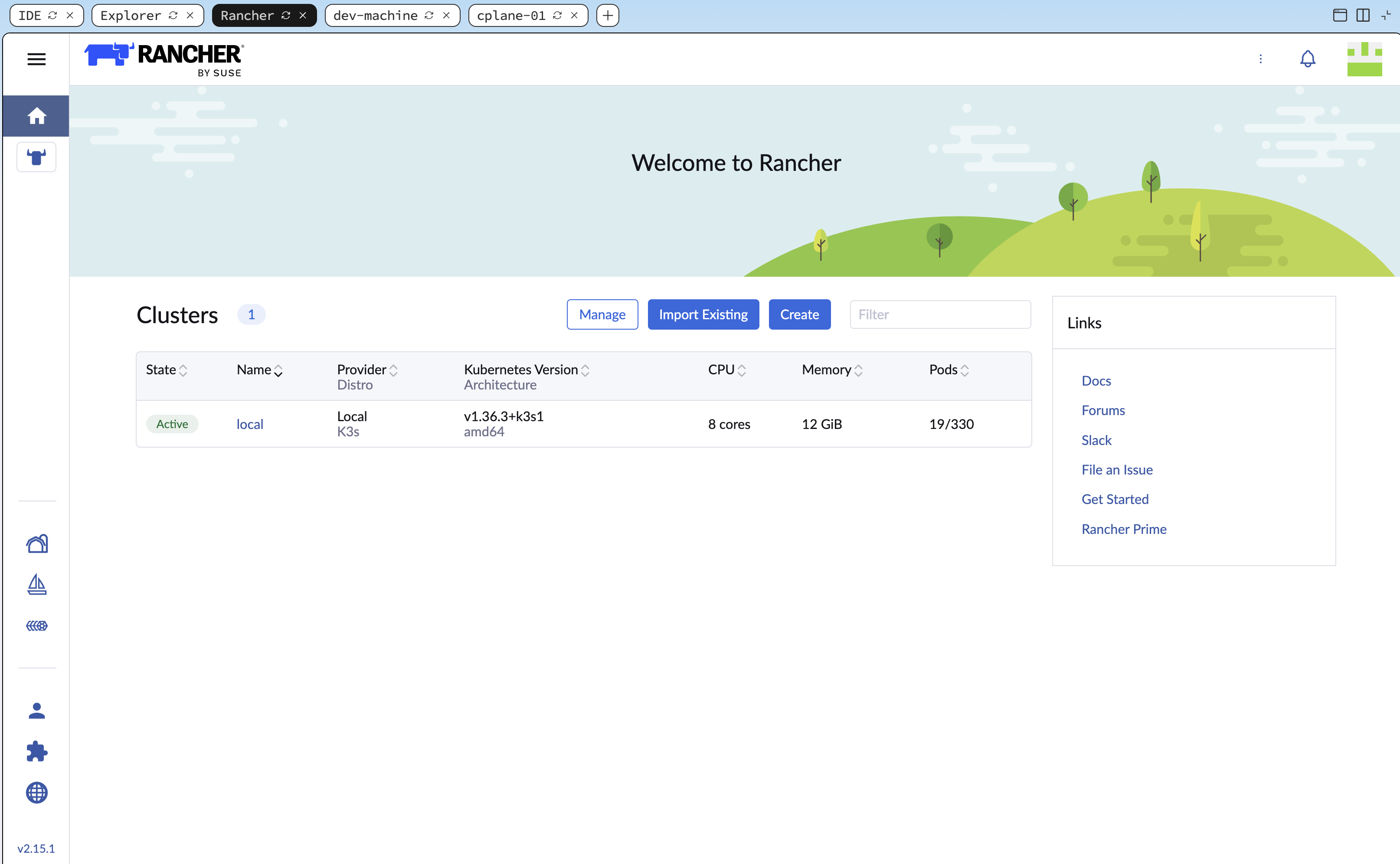 The Rancher home page showing the local cluster card with its provider (K3s), Kubernetes version, state, and node count, alongside the Import Existing and Create options