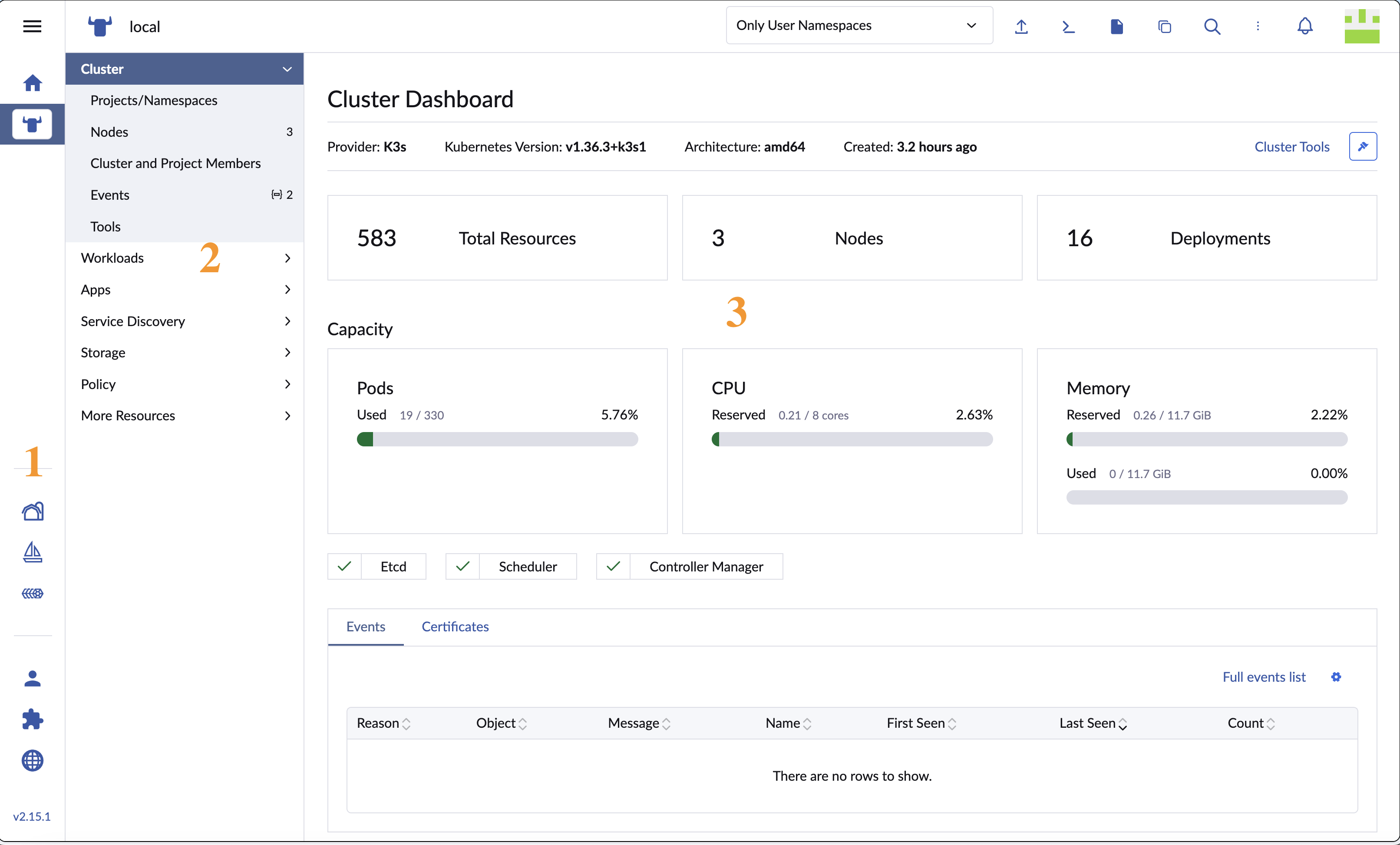 The Rancher UI layout annotated with three regions - the global navigation rail on the far left, the Cluster Explorer sidebar shown when inside a cluster, and the main content pane on the right