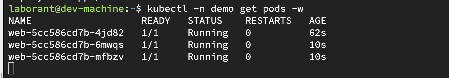 Terminal output of kubectl get pods in the demo namespace showing three running web pods after scaling the deployment to three replicas