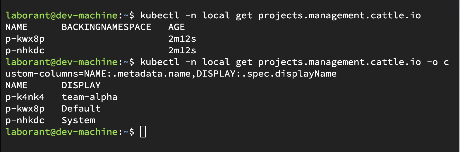 Terminal output of kubectl listing management.cattle.io projects, showing the team-alpha project alongside the built-in Default and System projects with their generated p-xxxxx names