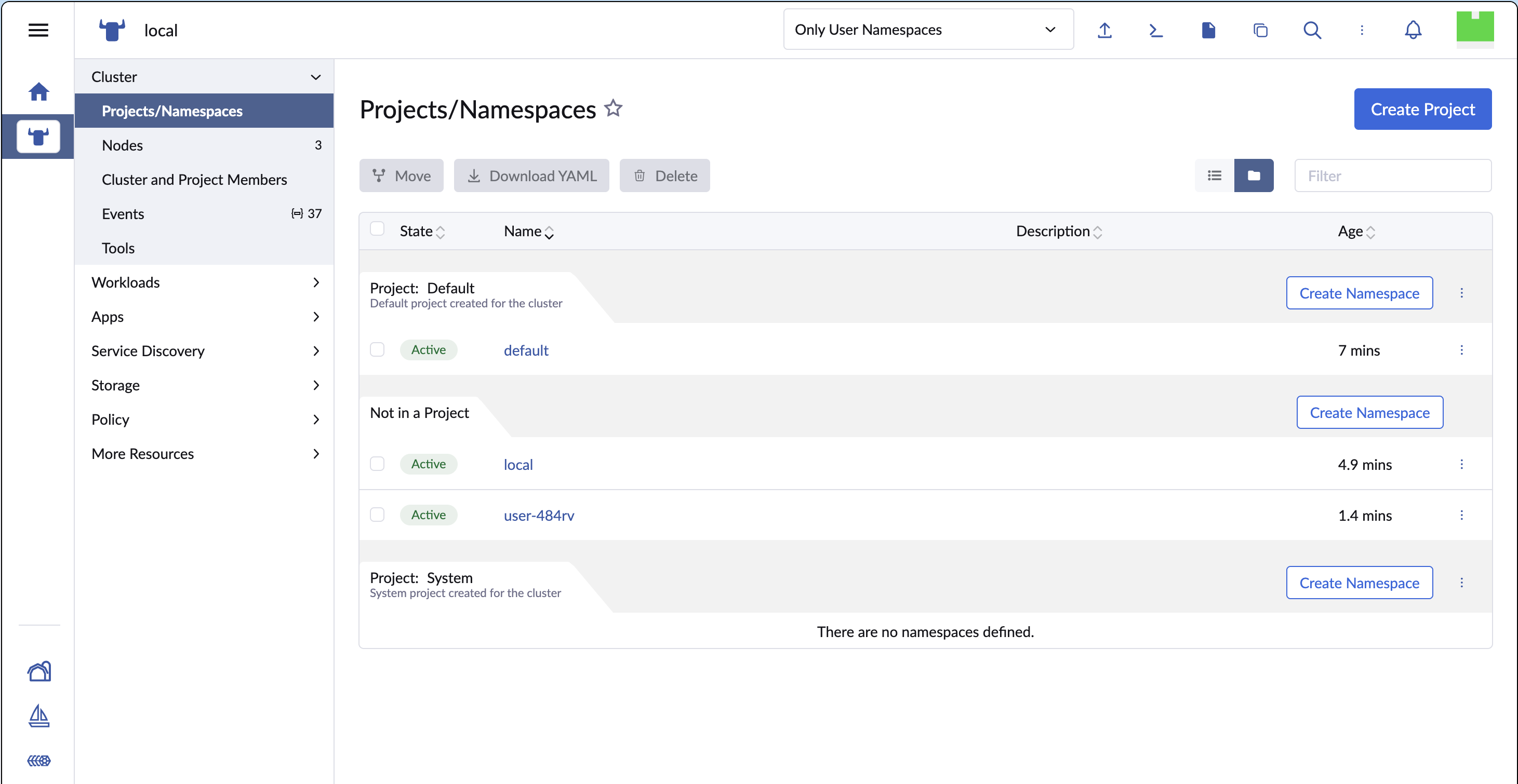 The Rancher Create Project form with the project name set to team-alpha, ready to create a new project in the local cluster