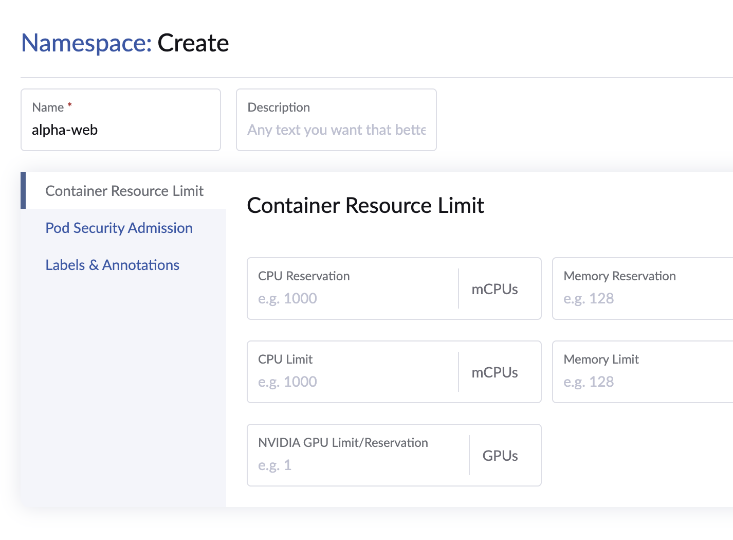 The Rancher Projects/Namespaces page for the local cluster, showing namespaces grouped under their projects such as Default and System