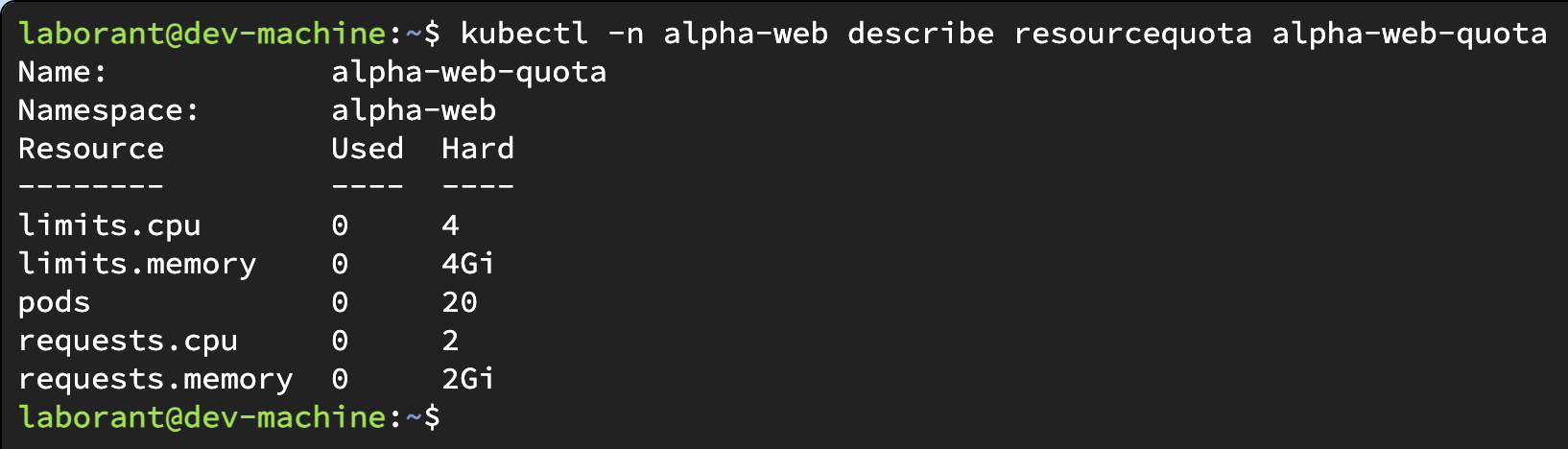 Terminal output of kubectl describe resourcequota for alpha-web-quota, listing each resource with its used and hard limits for CPU requests and limits, memory requests and limits, and pods