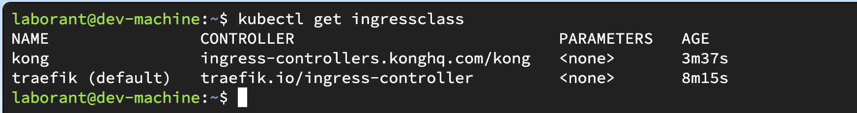 Terminal output of kubectl get ingressclass showing two ingress classes, traefik marked as default and kong, both registered on the cluster
