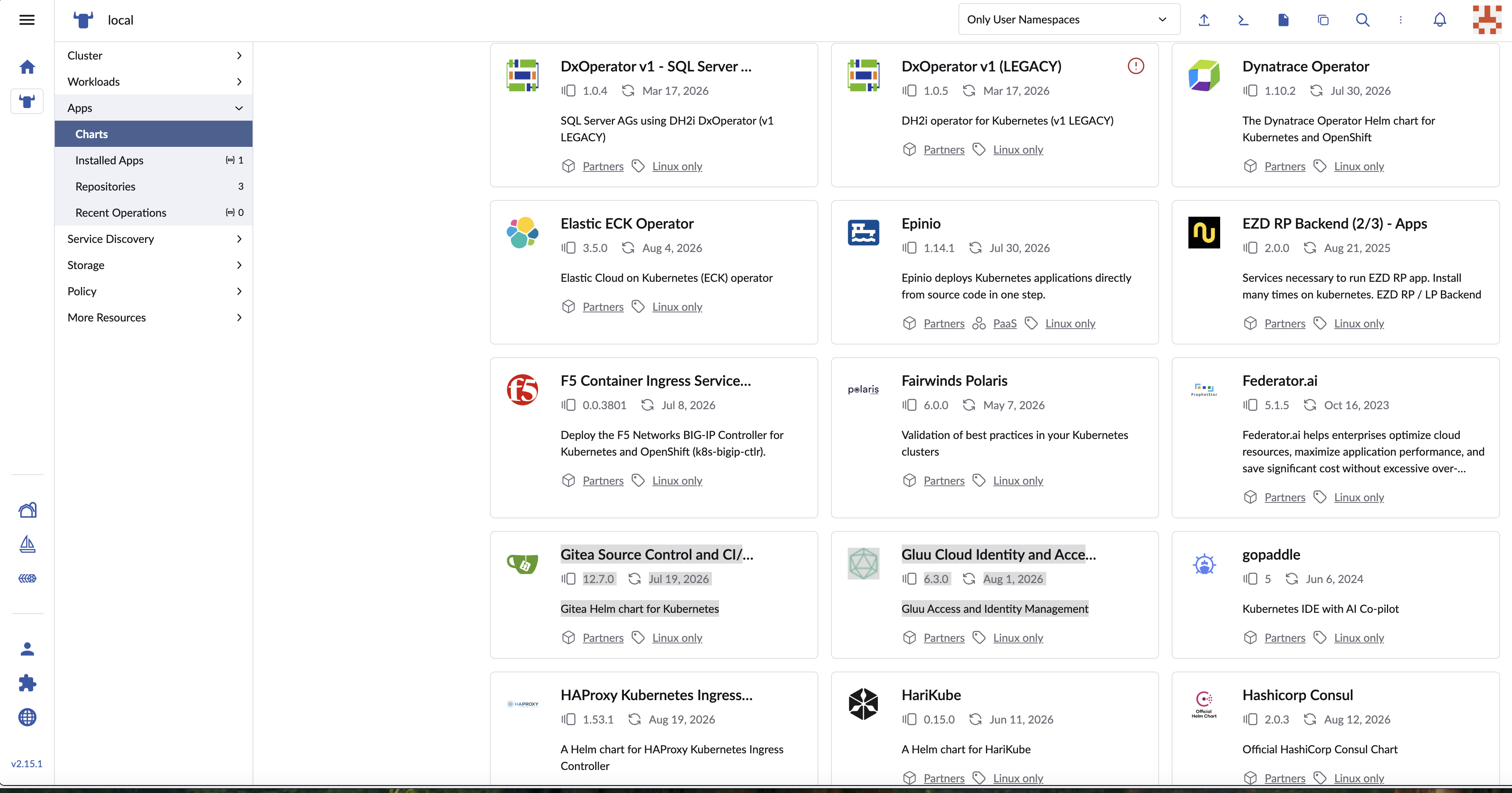 The Rancher Apps Charts catalog showing a grid of installable platform tools such as Dynatrace, Elastic, F5, Gitea, and HashiCorp Consul, illustrating the wide range of tooling available to install onto a cluster