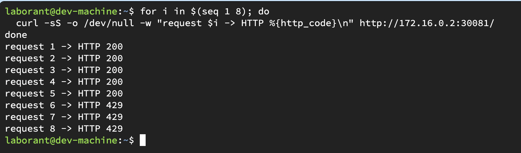 Terminal output of a burst of eight requests to the Kong gateway - the first five return HTTP 200 and the rest return HTTP 429 once the per-minute rate limit is exceeded